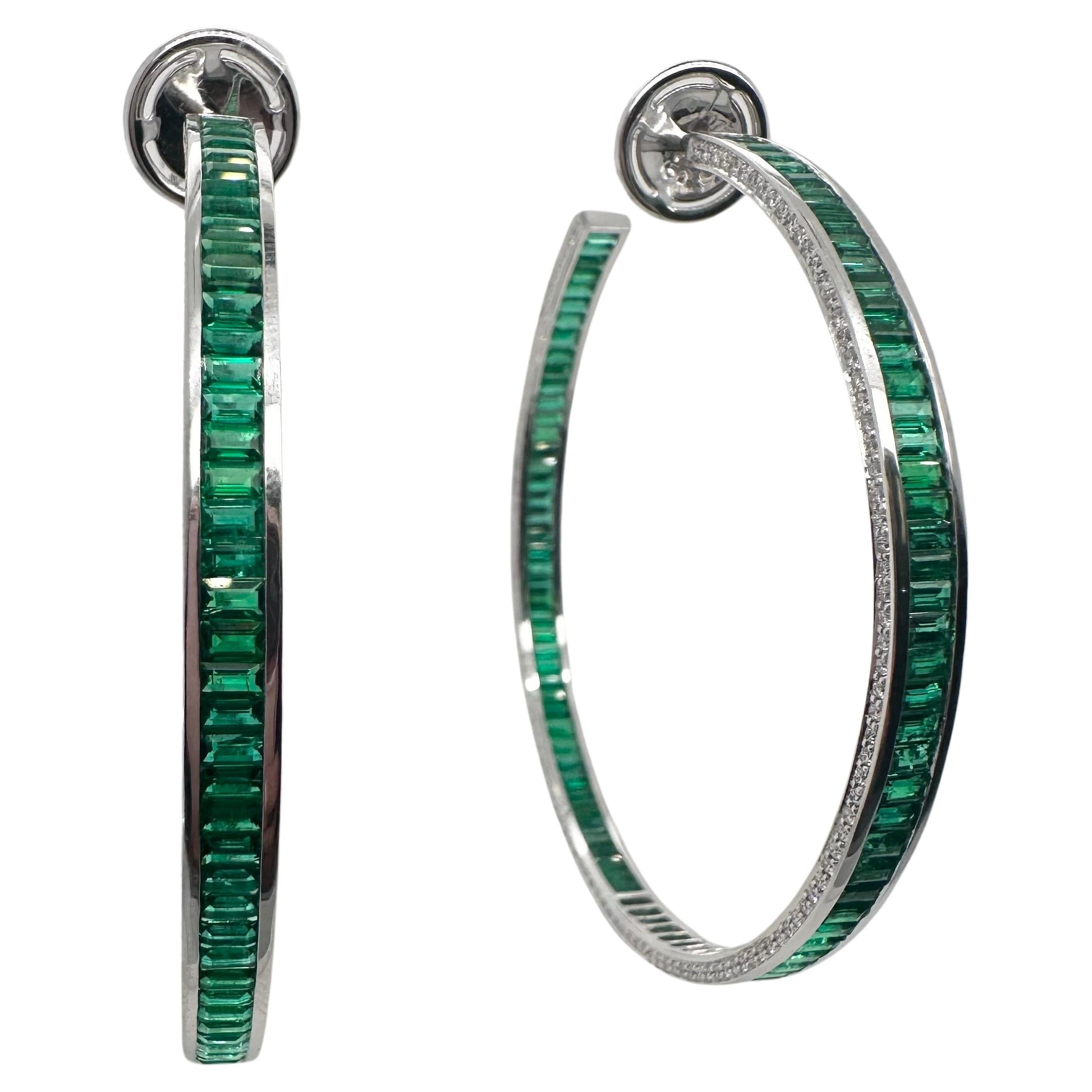 Fine Emerald & Diamond hoop earrings 18KT white gold Colombian emeralds For Sale