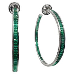 Fine Emerald & Diamond hoop earrings 18KT white gold Colombian emeralds