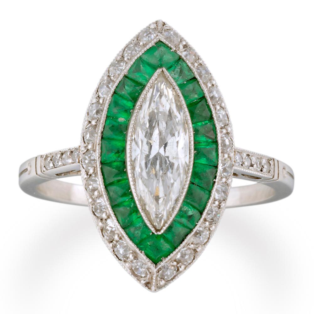 Marquise Cut Fine Emerald Diamond Platinum Double Cluster Ring For Sale