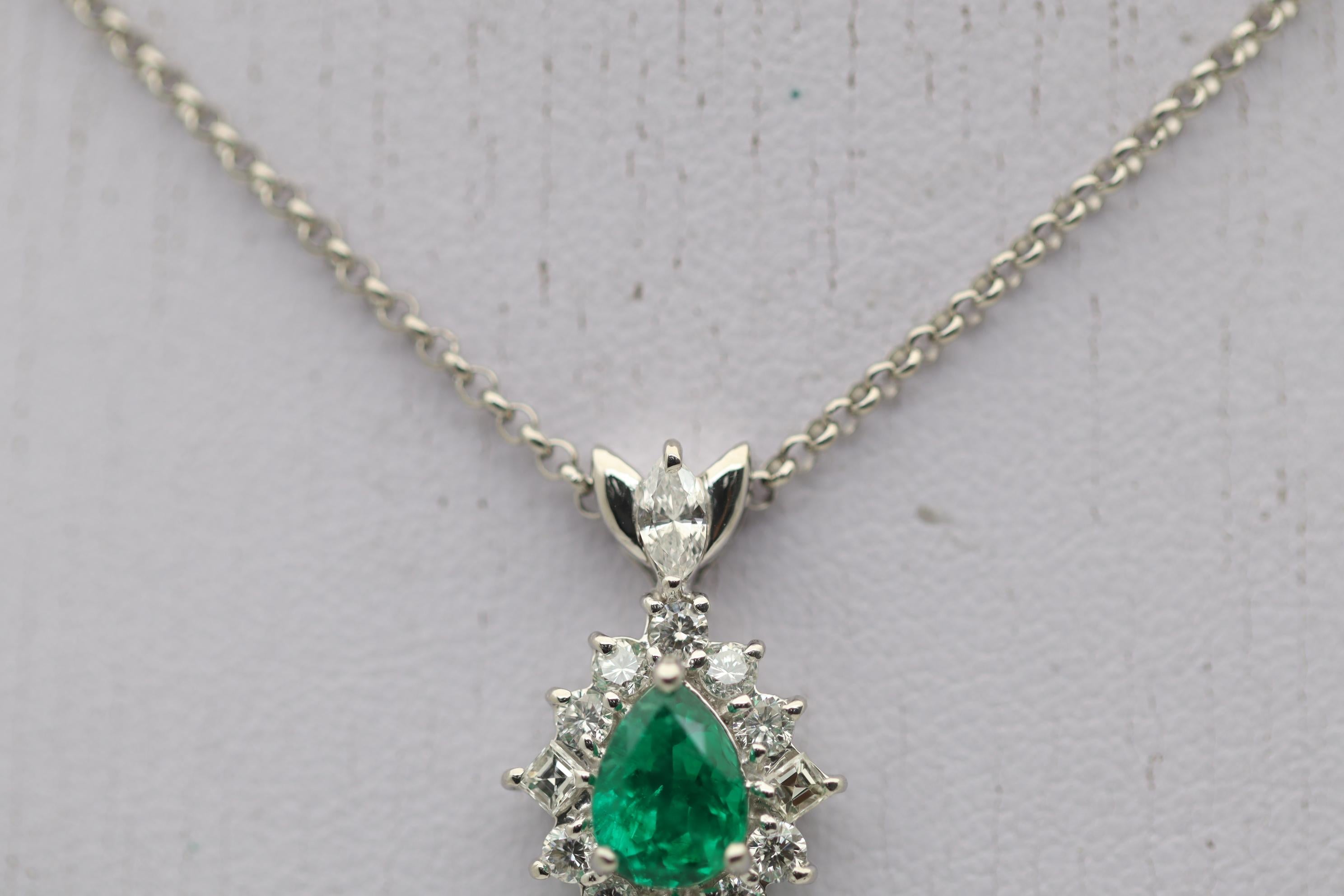 Pear Cut Fine Emerald Diamond Platinum Pendant For Sale