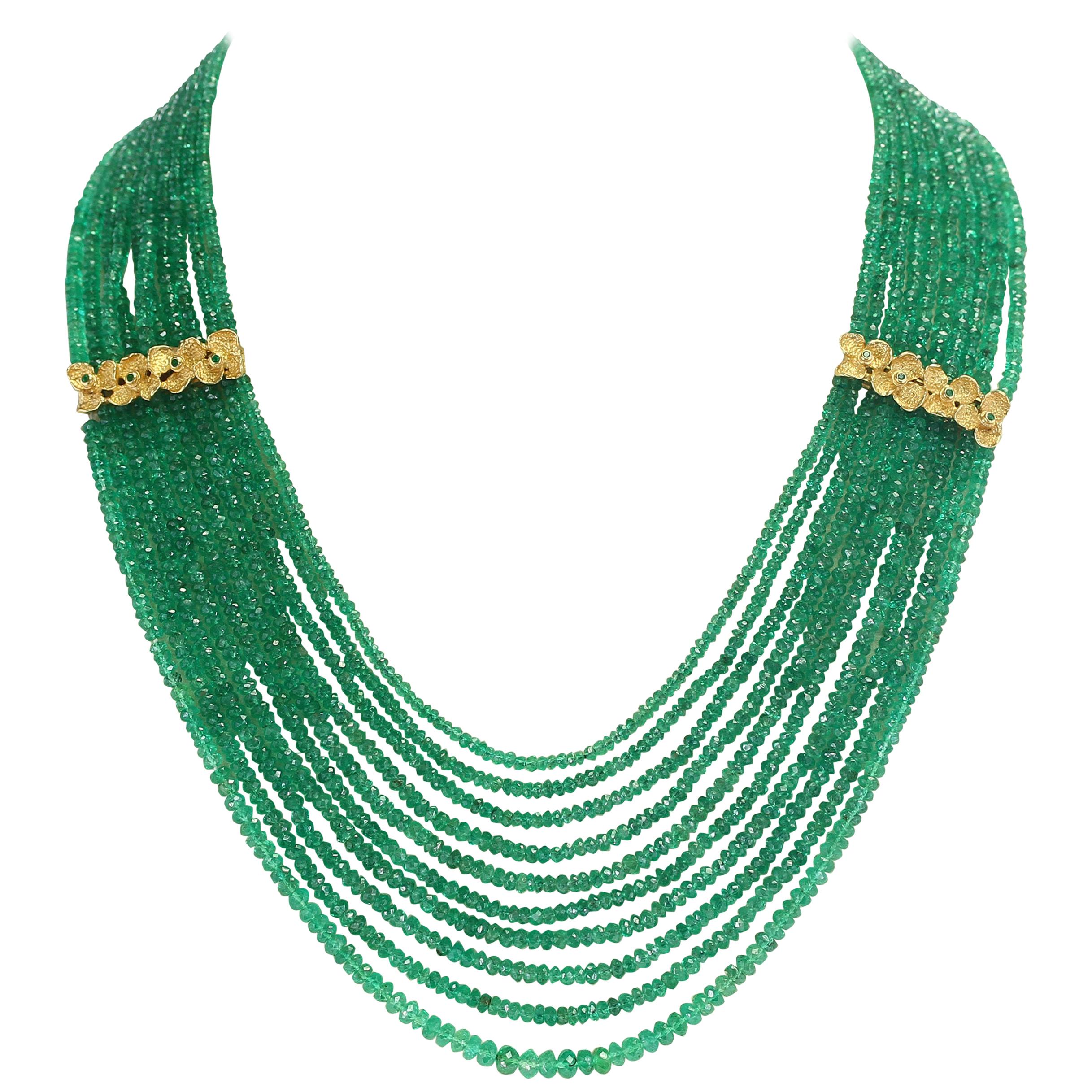 Fine Emerald Faceted Beads Necklace with Floral Emerald Designs, 18