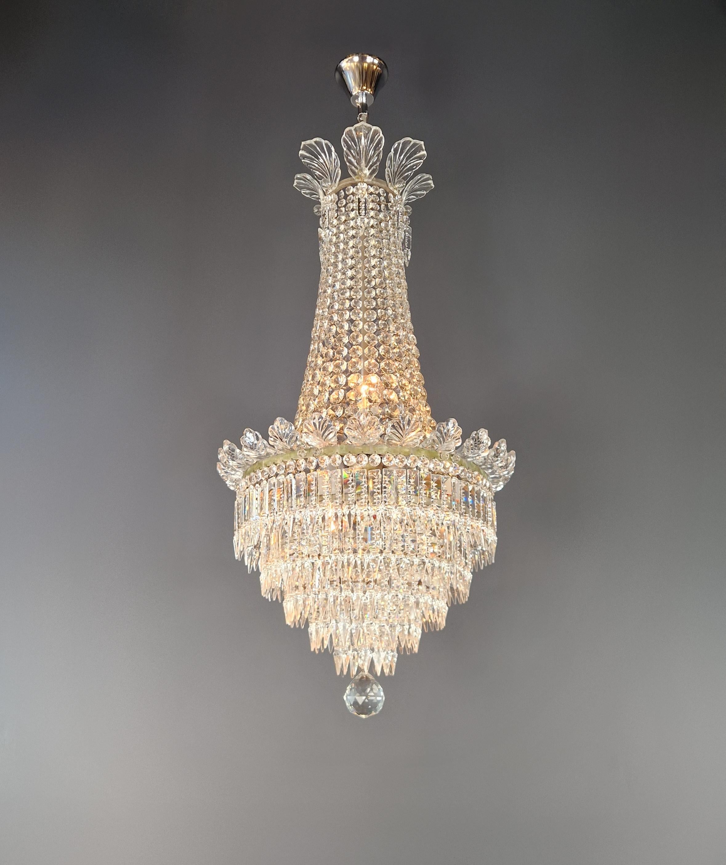 Italian Fine Empire Chandelier Crystal Sac a Pearl Lamp Lustre Silver Art Deco Antique For Sale