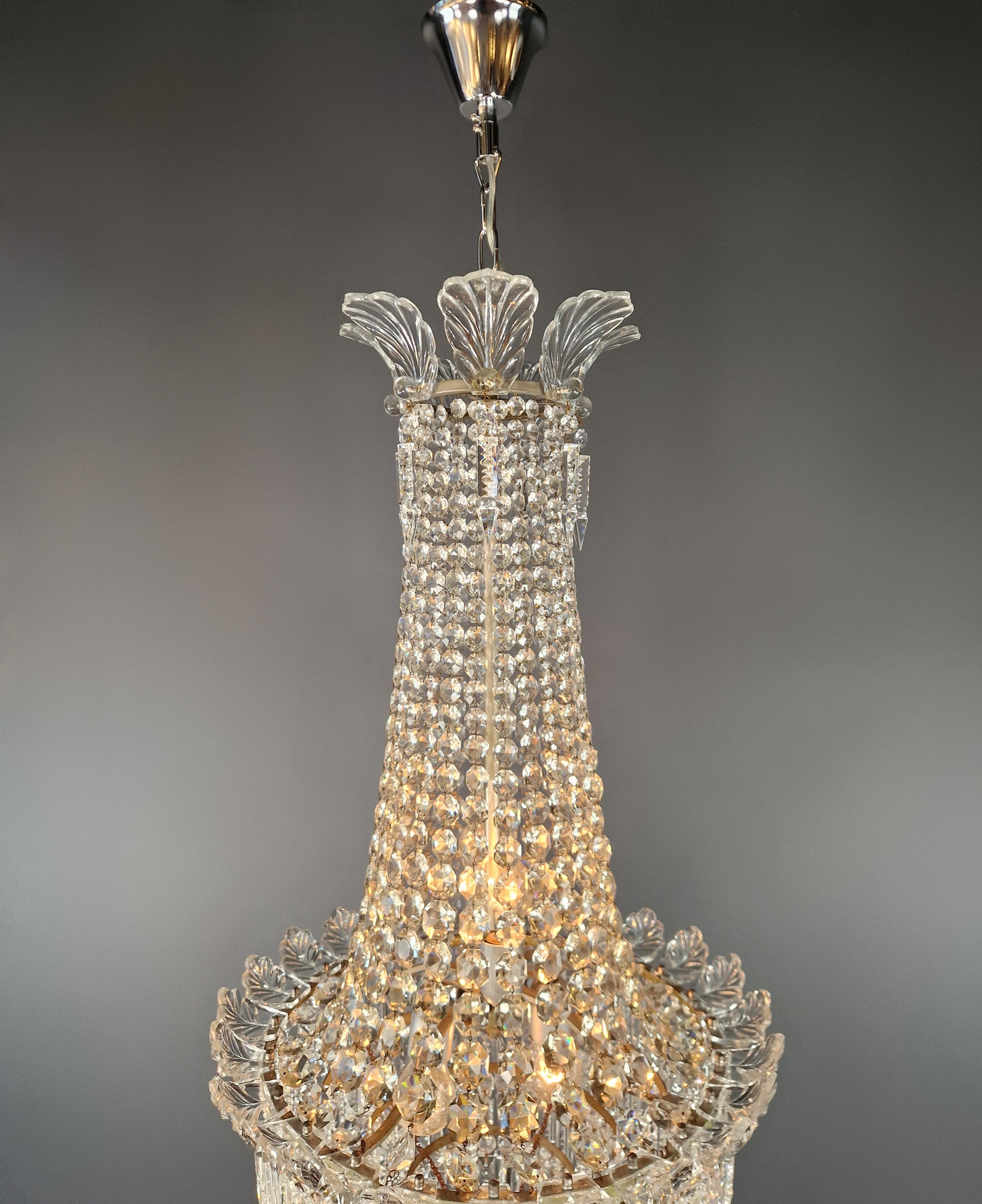 Brass Fine Empire Chandelier Crystal Sac a Pearl Lamp Lustre Silver Art Deco Antique For Sale