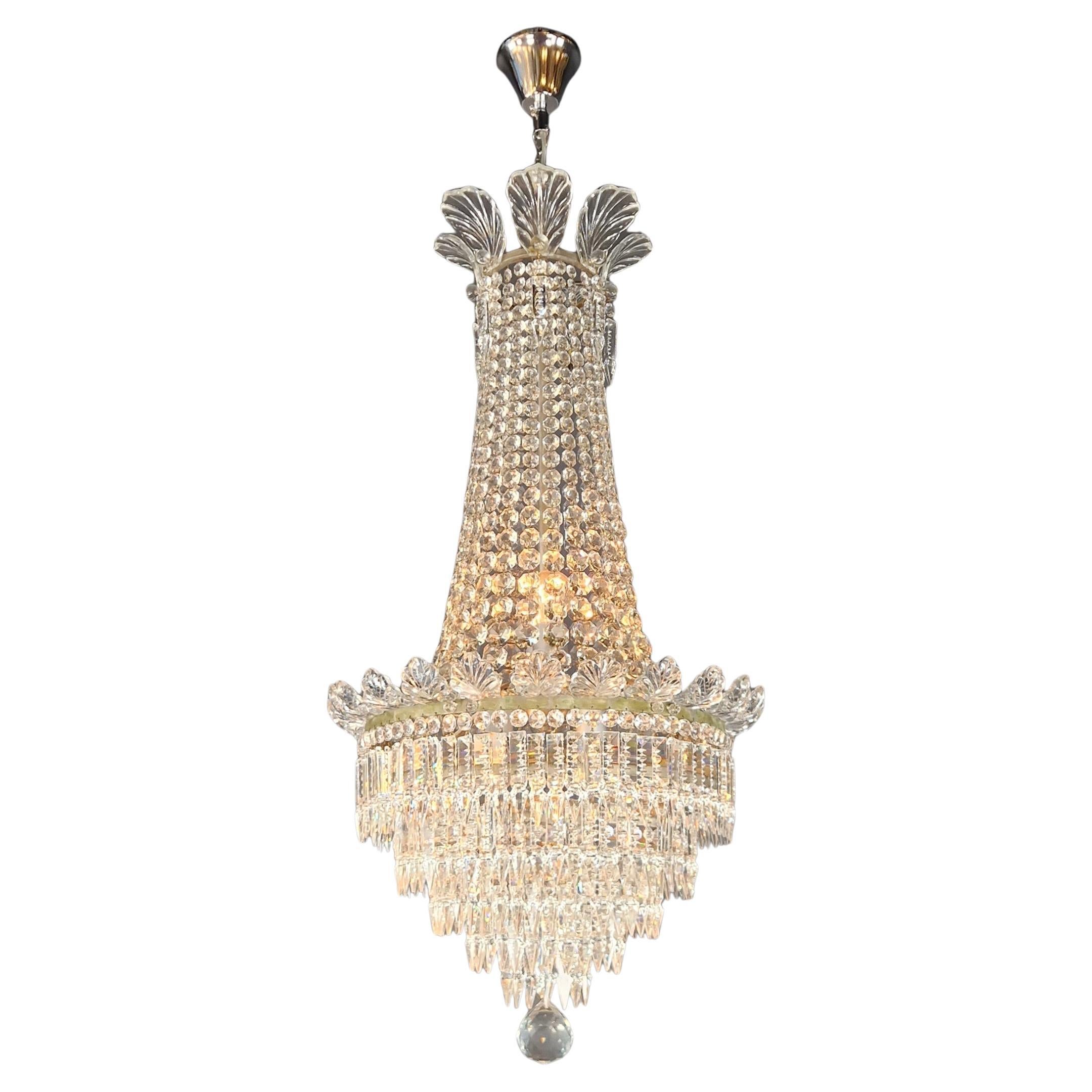 Fine Empire Chandelier Crystal Sac a Pearl Lamp Lustre Silver Art Deco Antique For Sale