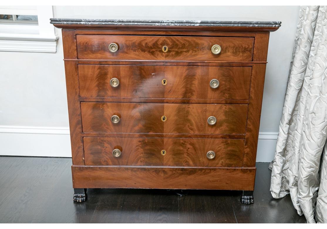 Fine Empire Four Drawer Chest In Flame Mahogany With Gris Marble Top In Fair Condition For Sale In Bridgeport, CT