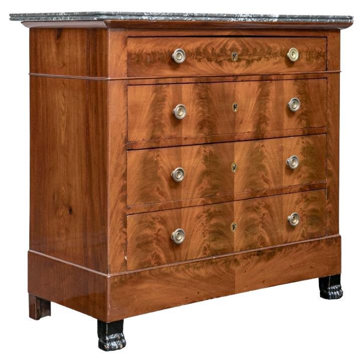 Fine Empire Four Drawer Chest In Flame Mahogany With Gris Marble Top For Sale