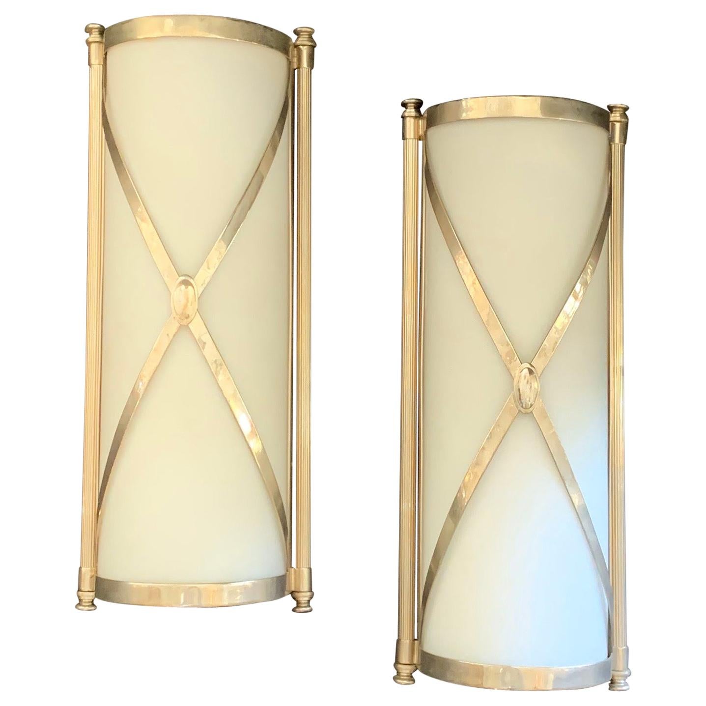Fine Empire Neoclassical Silvered Bronze and Frosted Glass Caldwell Sconces Pair