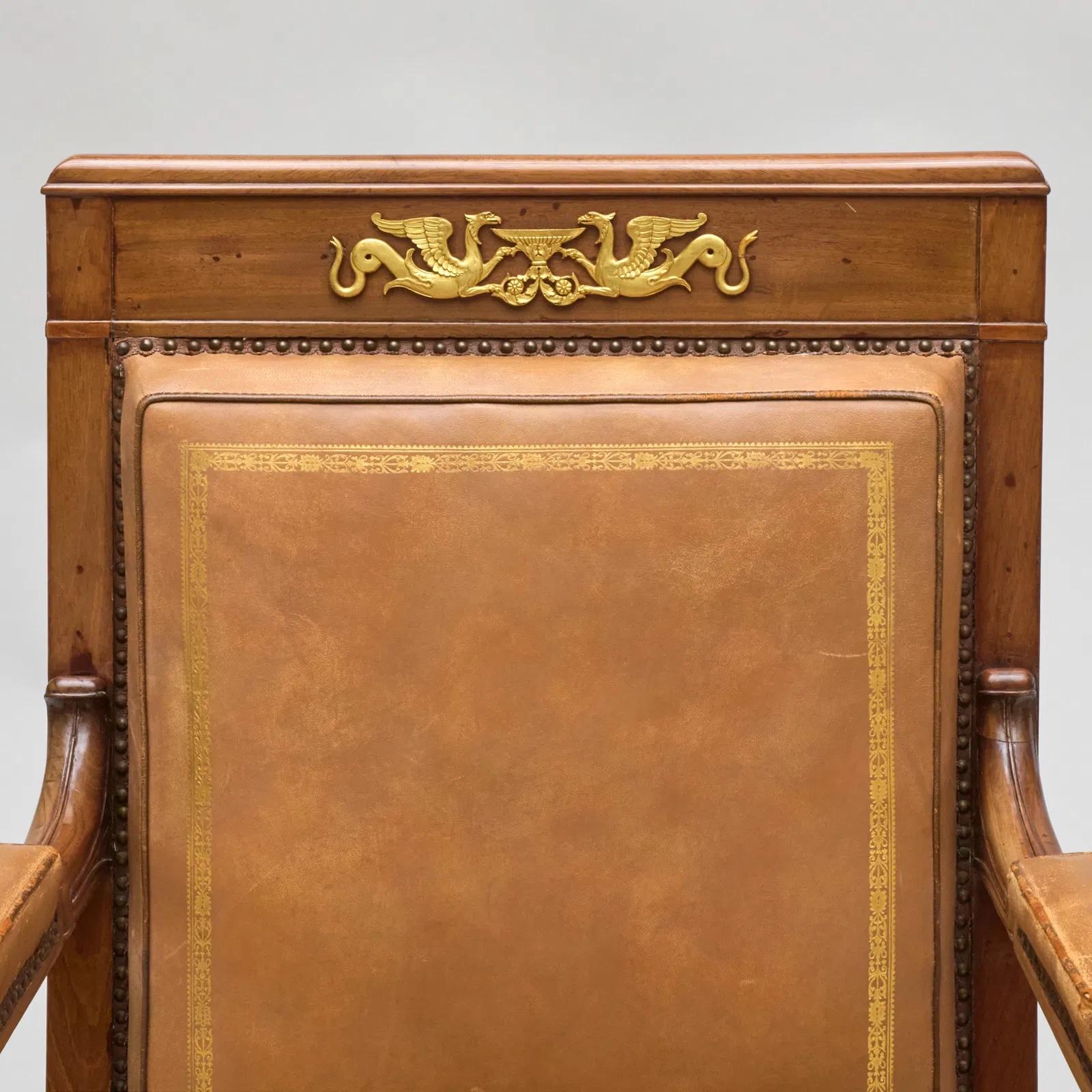 French Fine Empire  Period  Bronze and Mahogany Desk Chair  by Jacob  Freres For Sale
