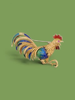 Fine Enamel & 18K Gold Rooster Brooch