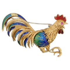 Fine Enamel & 18K Gold Rooster Brooch