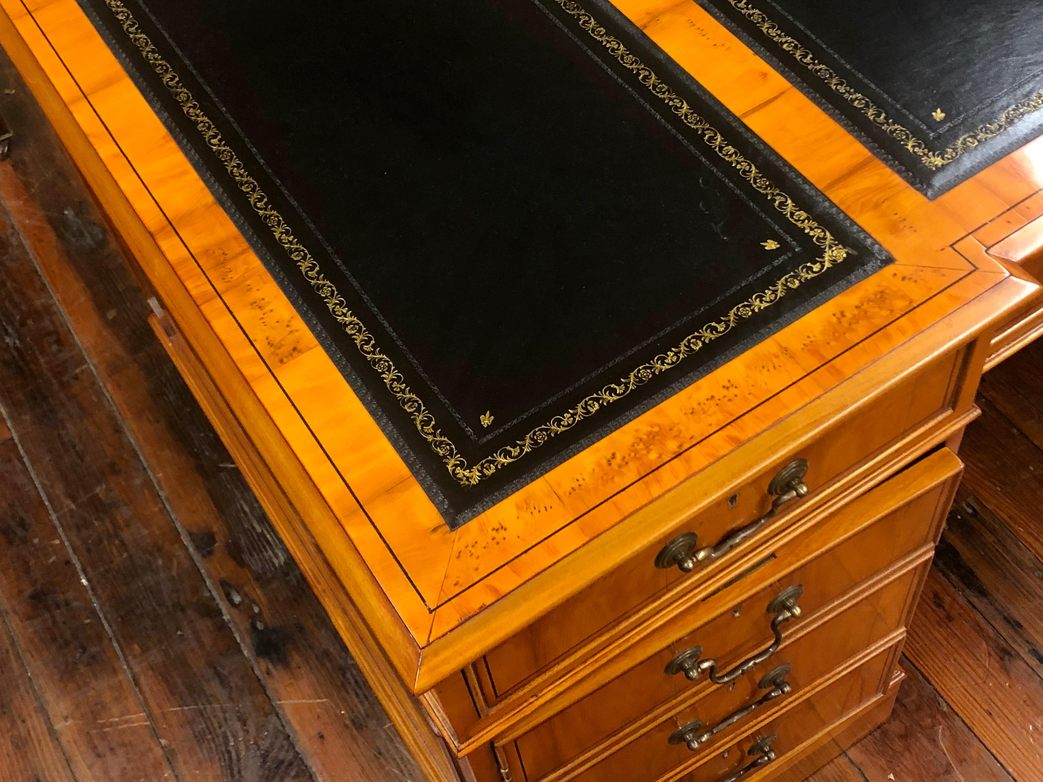 Fine English Bench Made Inlaid Yew Wood Pedestal Partner's Desk, Black Leather 9