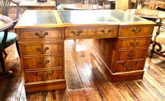 Fine English Bench Made Inlaid Yew Wood Pedestal Partner's Desk, Black Leather