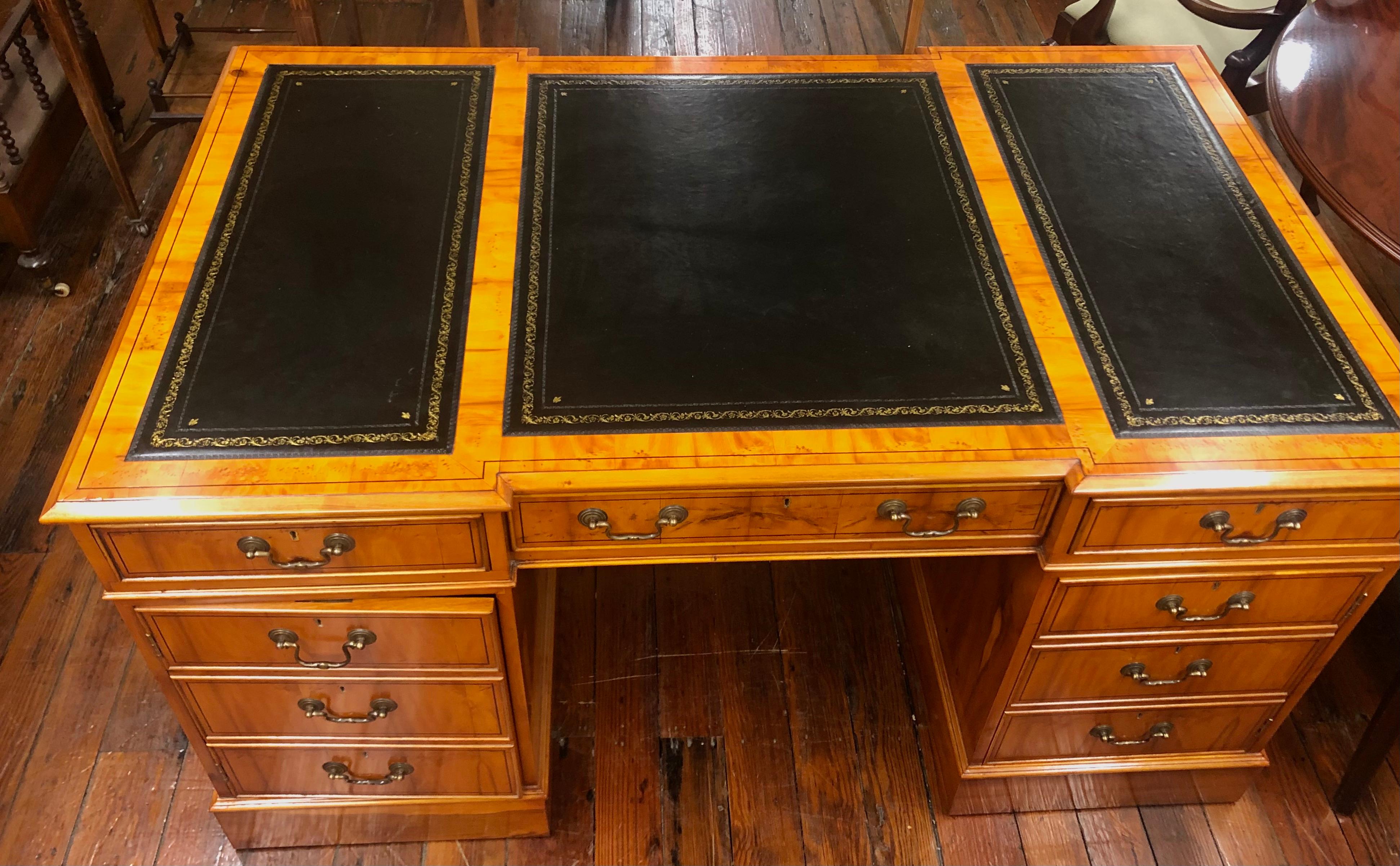 Chippendale Fine English Bench Made Inlaid Yew Wood Pedestal Partner's Desk, Black Leather