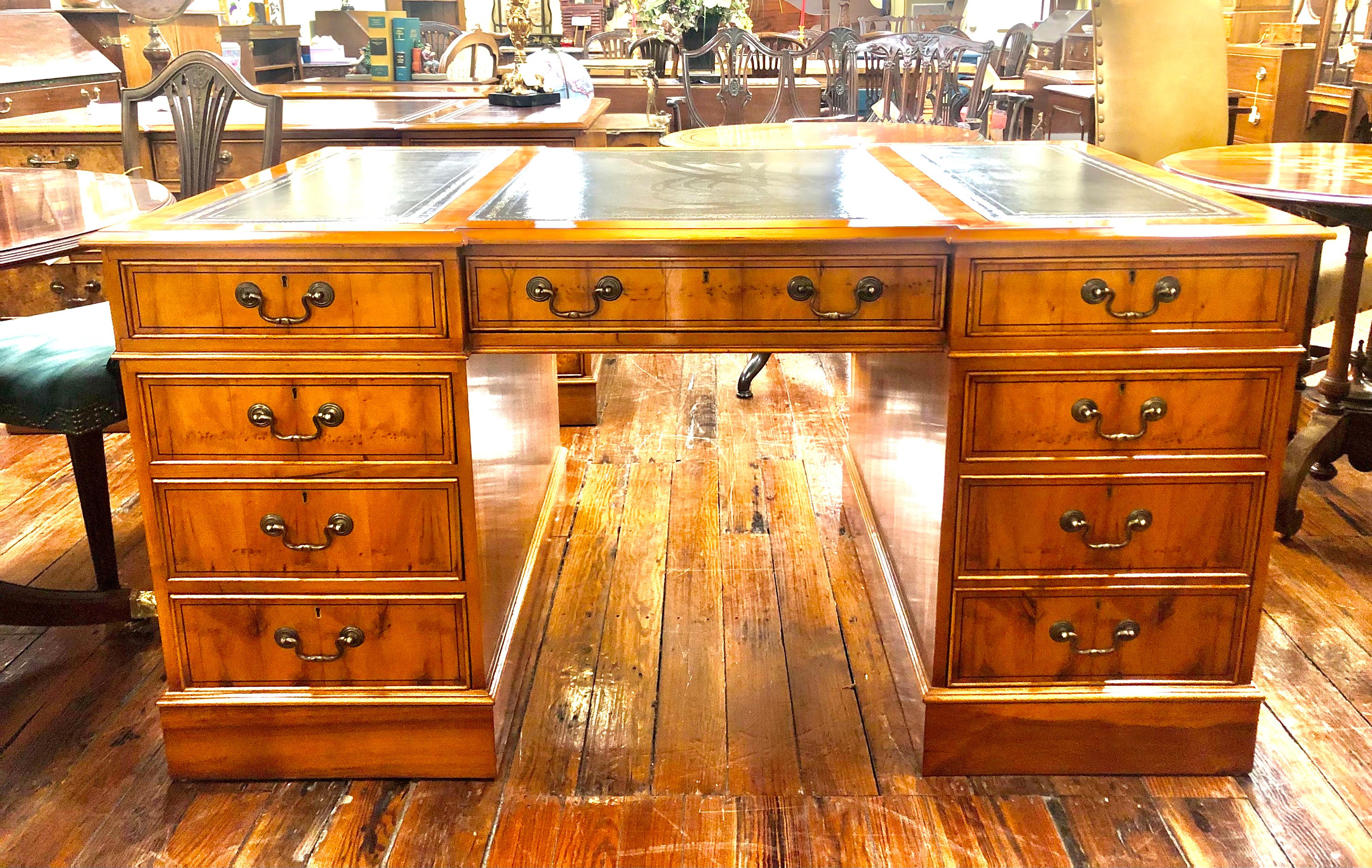 Hand-Crafted Fine English Bench Made Inlaid Yew Wood Pedestal Partner's Desk, Black Leather