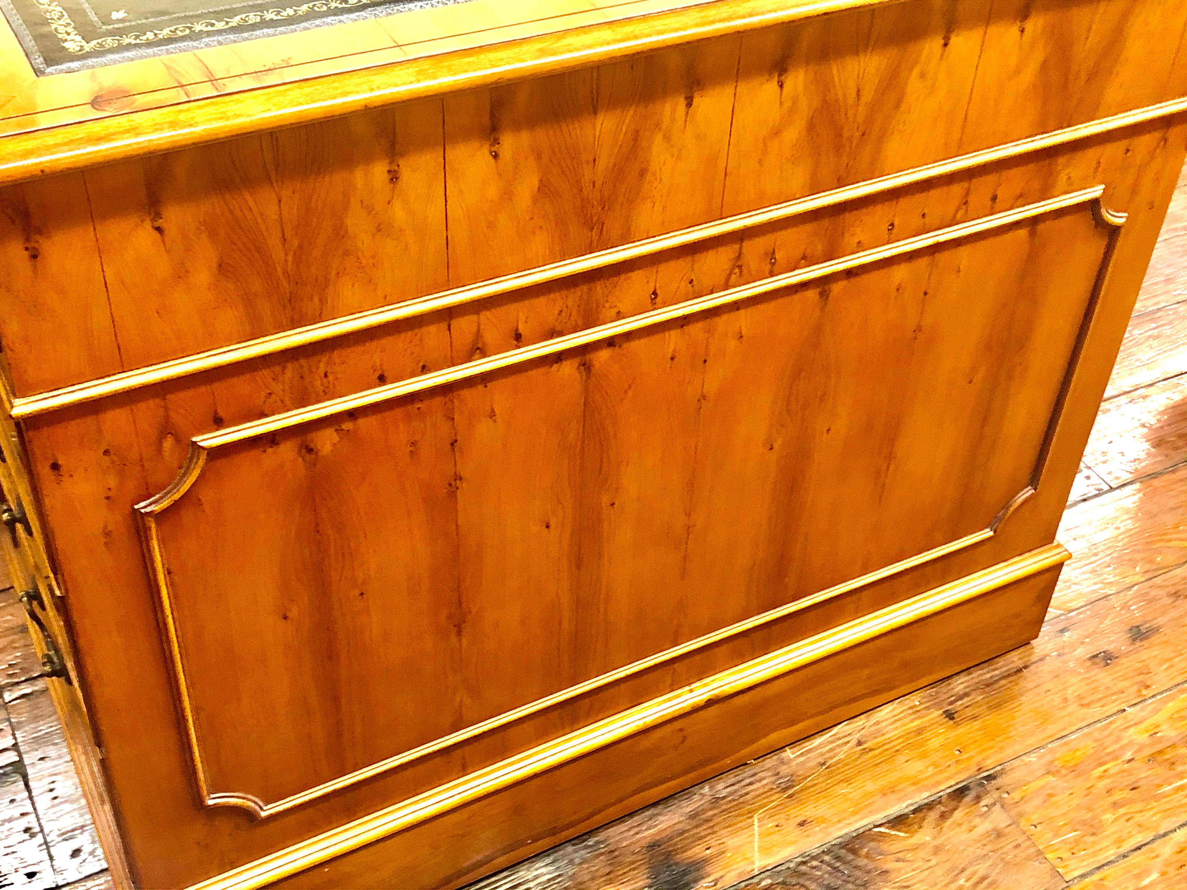 19th Century Fine English Bench Made Inlaid Yew Wood Pedestal Partner's Desk, Black Leather