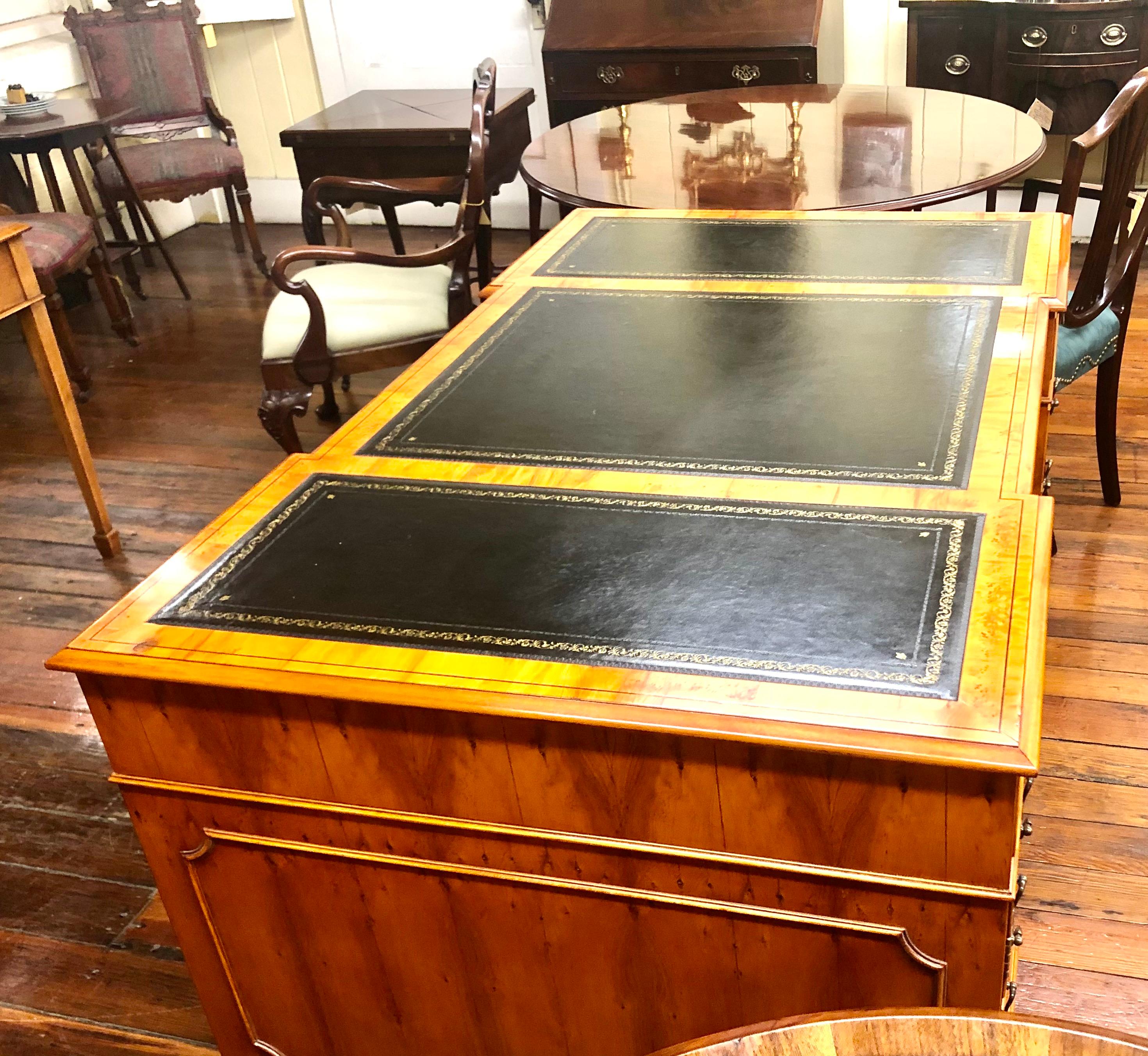 Ebony Fine English Bench Made Inlaid Yew Wood Pedestal Partner's Desk, Black Leather