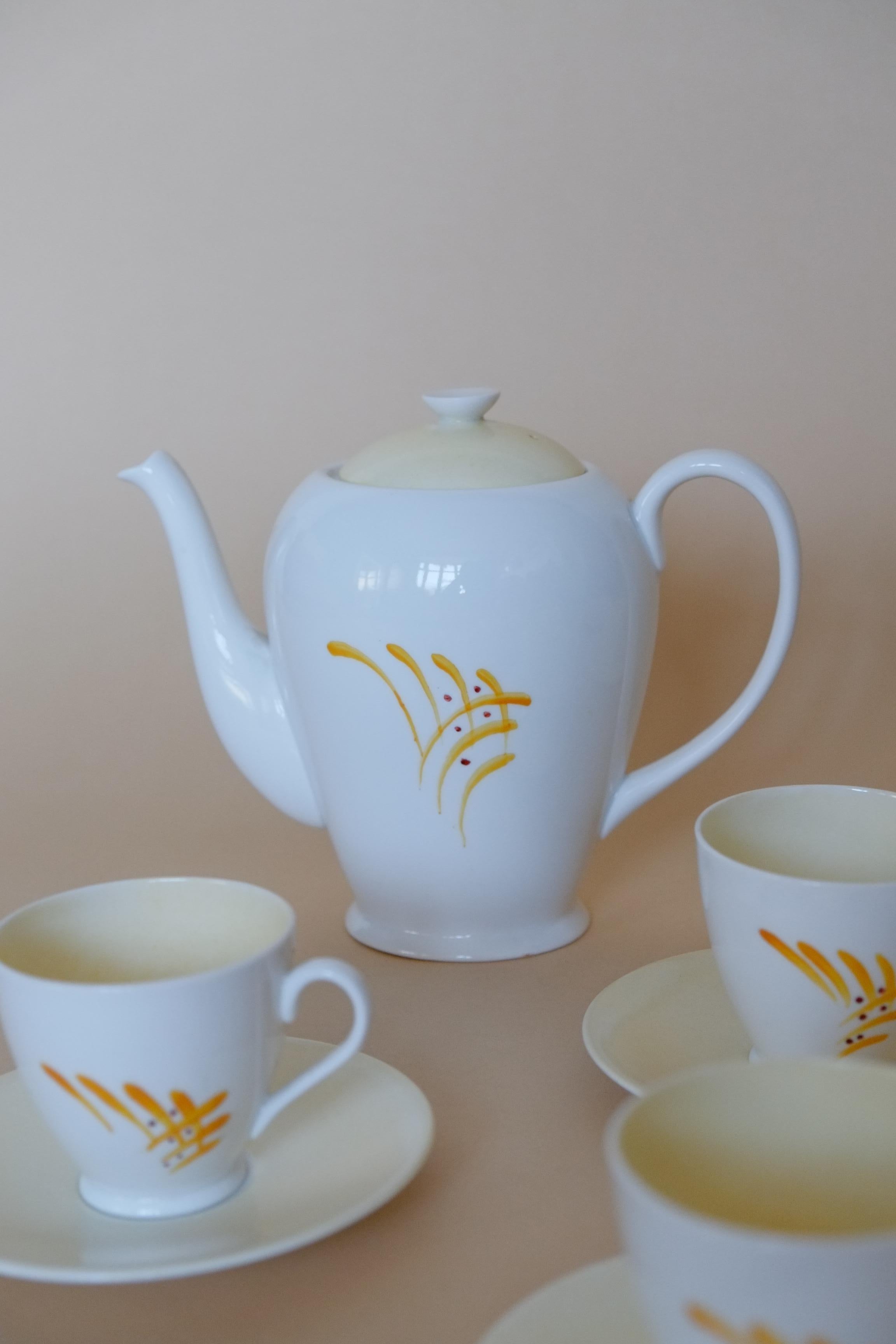 Mid-Century Modern English Bone China Hand Painted & Signed Tea Set for Six with Teapot  For Sale