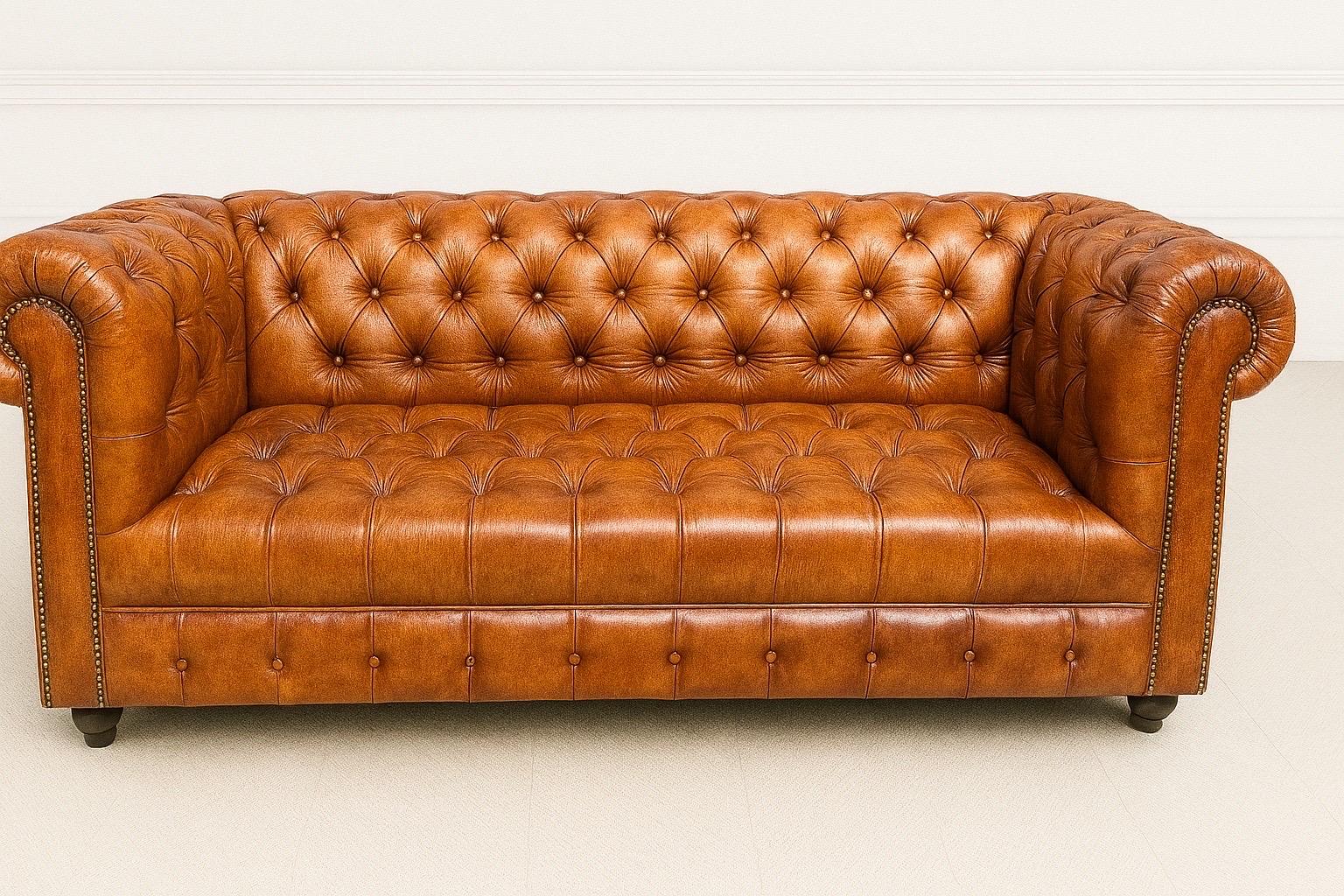 Sofá Chesterfield de cuero auténtico con banqueta acolchada de color marrón coñac cigarro inglés fino 3