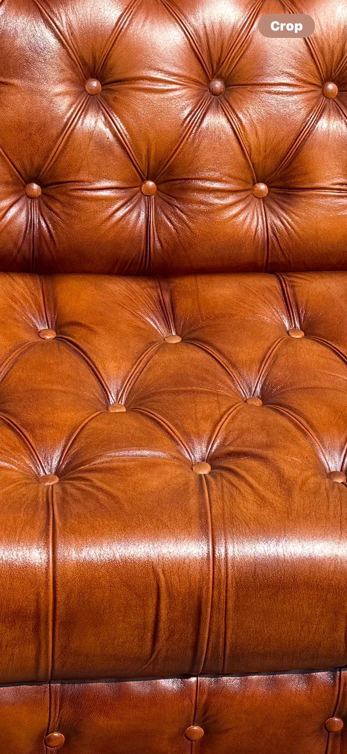 Sofá Chesterfield de cuero auténtico con banqueta acolchada de color marrón coñac cigarro inglés fino 4
