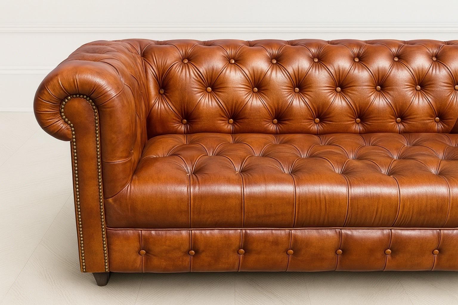 Sofá Chesterfield de cuero auténtico con banqueta acolchada de color marrón coñac cigarro inglés fino Inglés