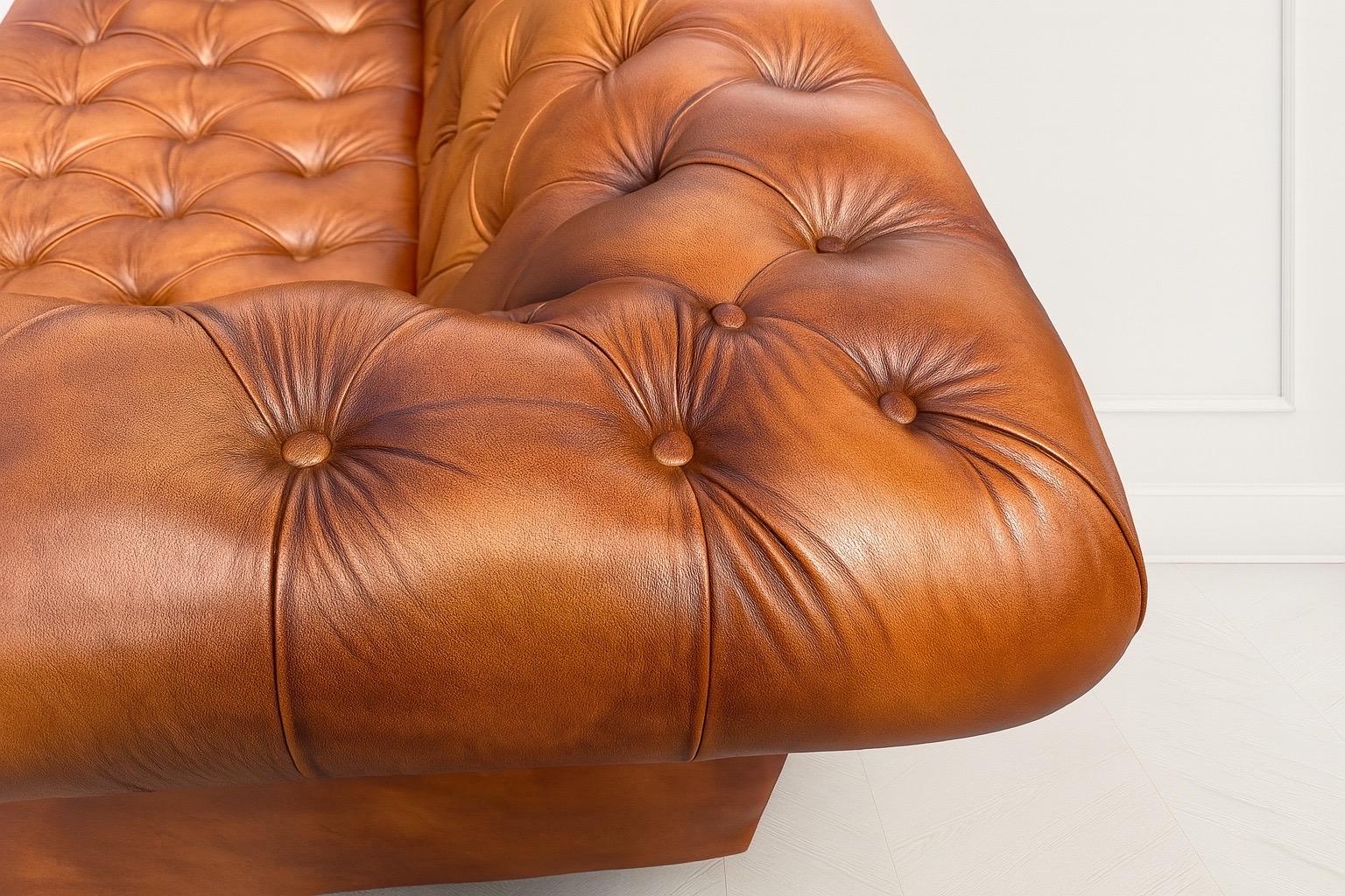 Sofá Chesterfield de cuero auténtico con banqueta acolchada de color marrón coñac cigarro inglés fino Cuero