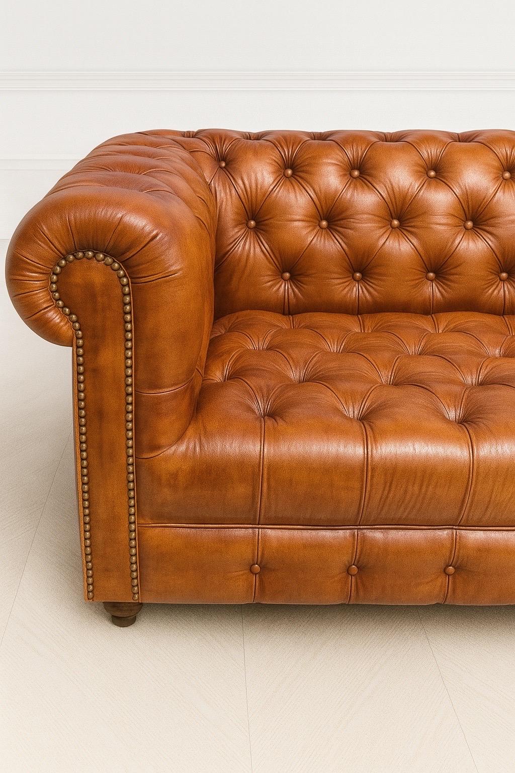 Sofá Chesterfield de cuero auténtico con banqueta acolchada de color marrón coñac cigarro inglés fino 2