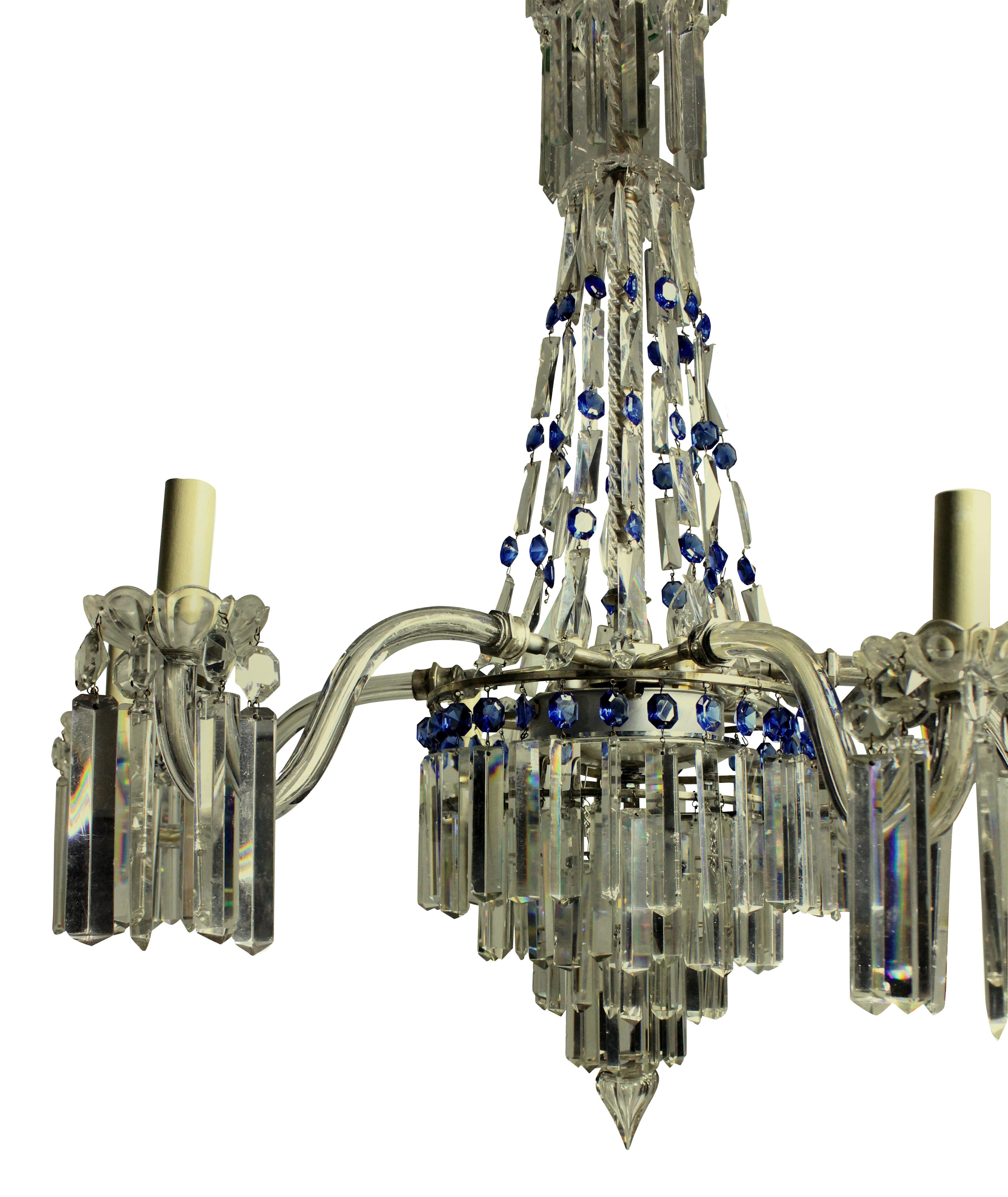 A fine English cut-glass tent and waterfall chandelier with blue glass detailing. Formerly a gasolier.