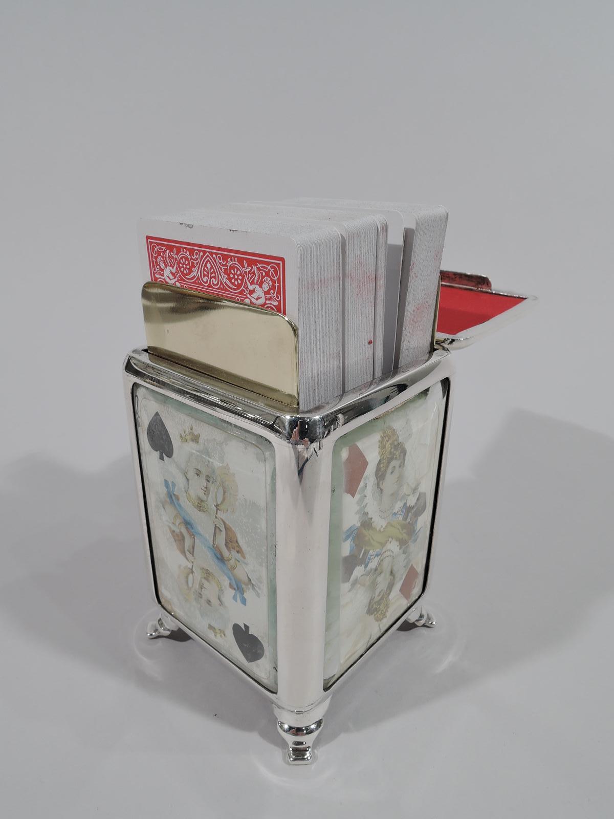 Edwardian sterling silver playing cards box. Made by Grey & Co. in London in 1902. Rectilinear with corner supports. Each side is faced with antique card “royalty” (1 king, 2 queens, and 1 jack), and has beveled glass. Cover hinged with scrolled