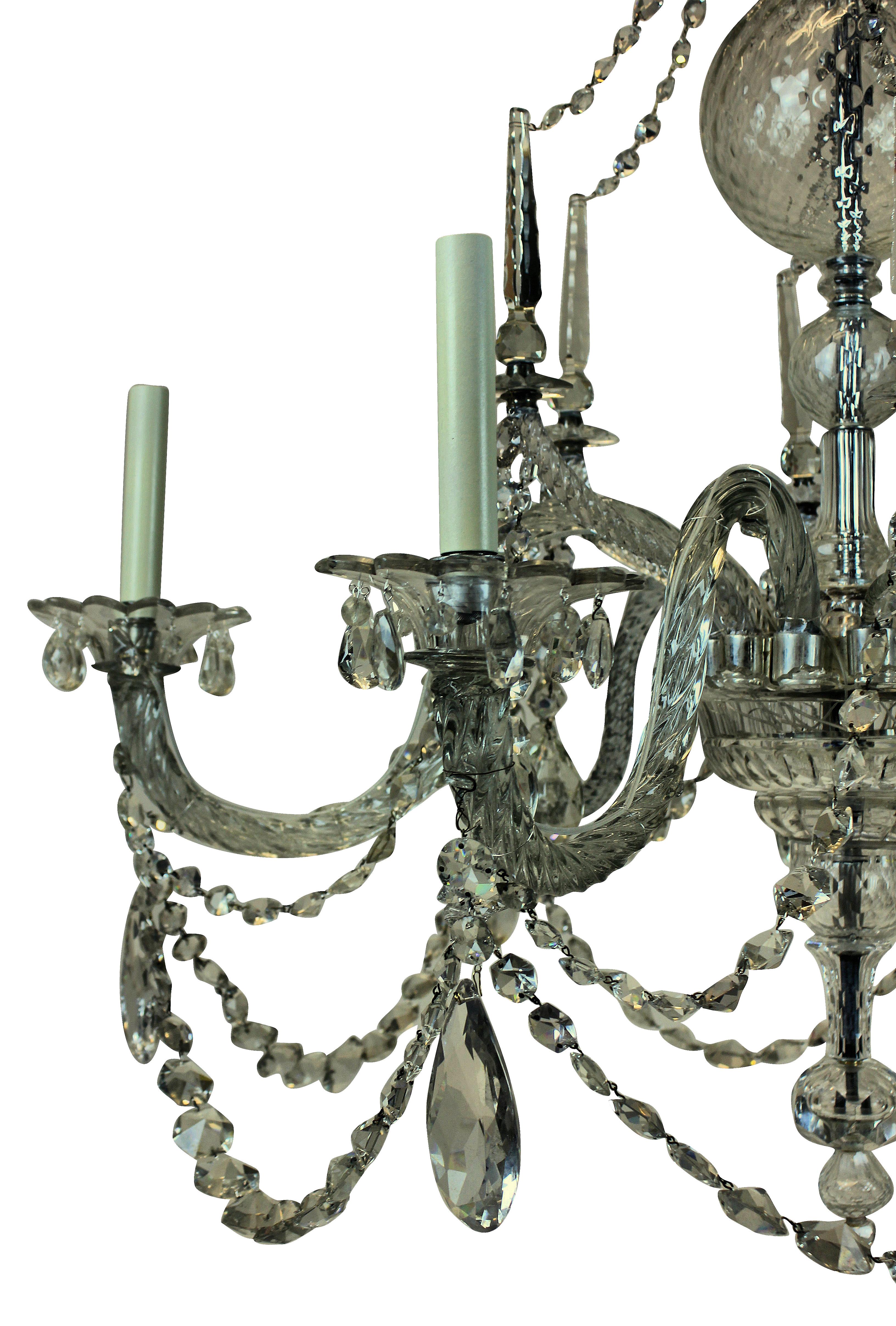 A large English Georgian chandelier of fine quality. Of good proportions, with exceptional cut-glass throughout.
 