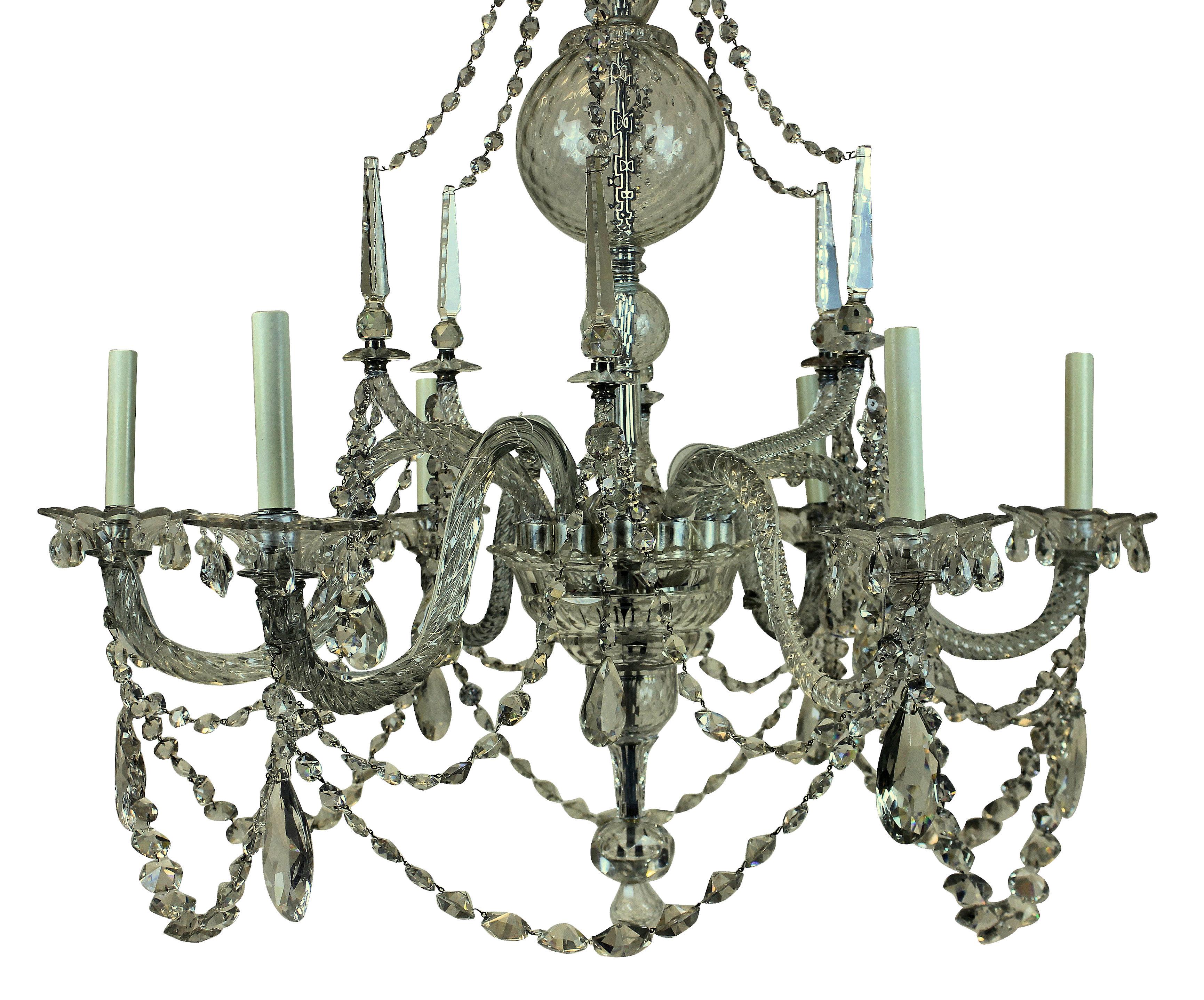 A large English Georgian chandelier of fine quality. Of good proportions, with exceptional cut-glass throughout.
  