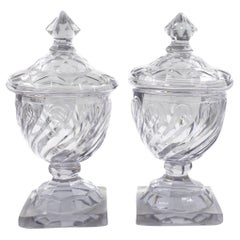 Fine English George III Swirled and Cut Glass Urns with Dome Lids ca. 1780