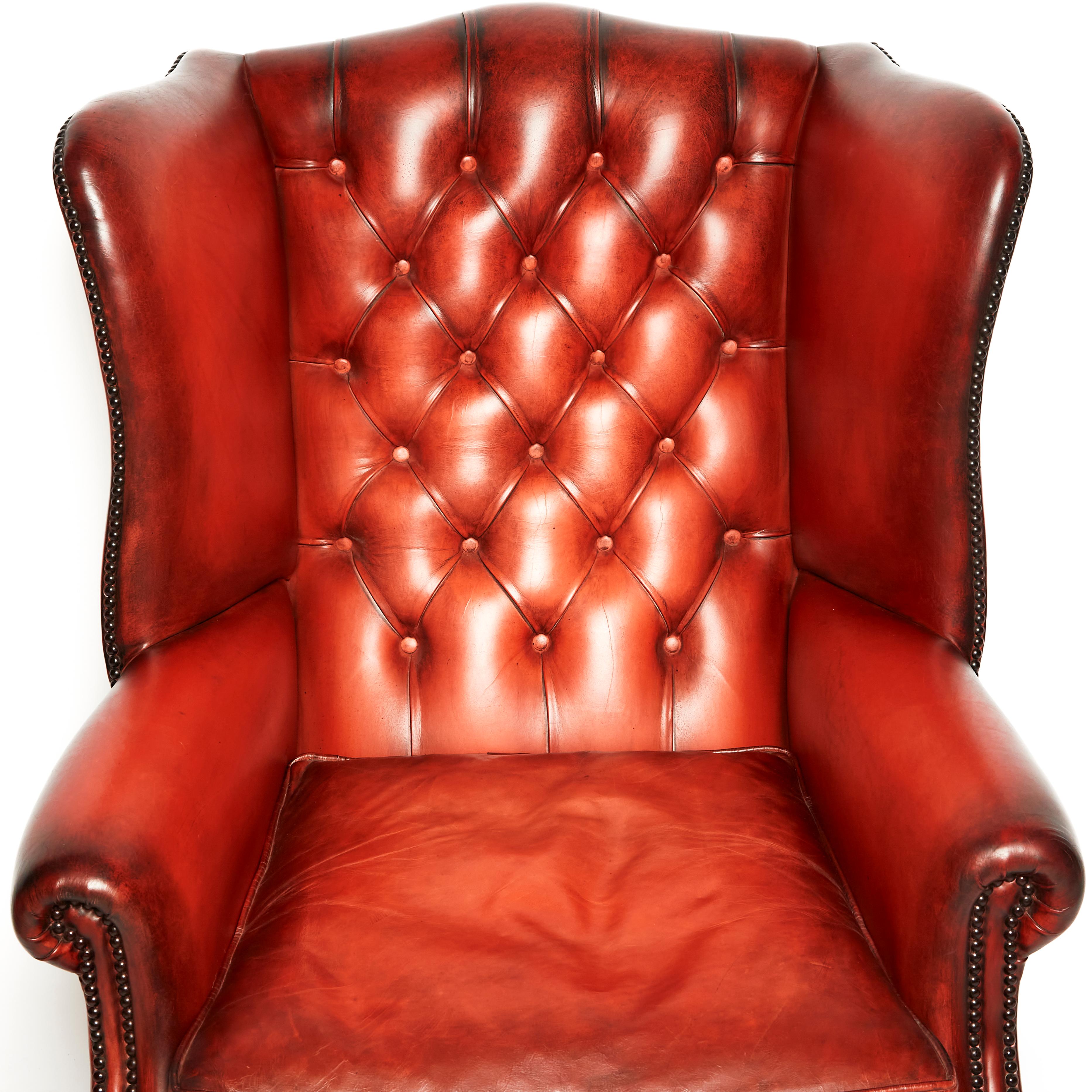 British Fine English Leather Wing Armchair For Sale