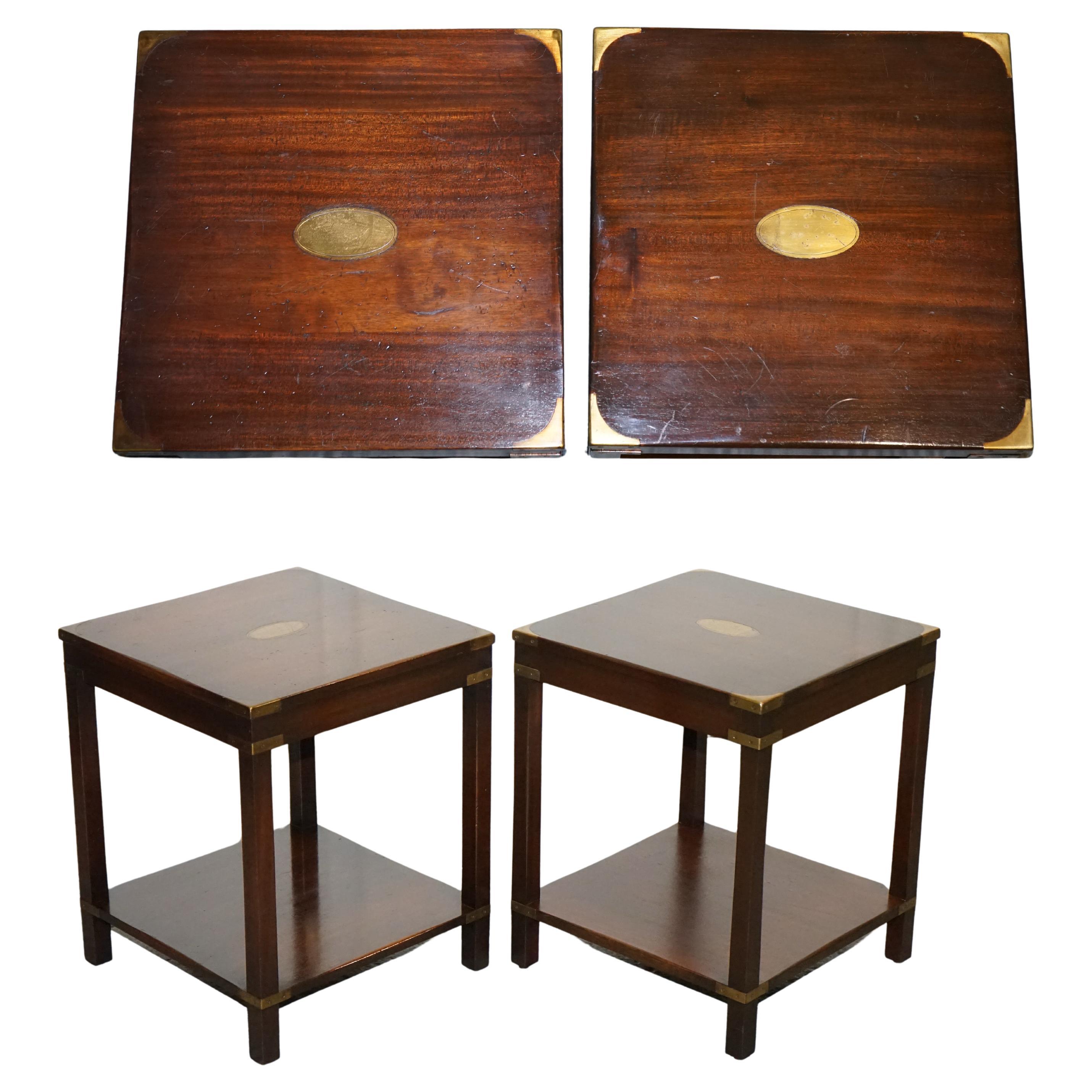FINE ENGLISH PAIR OF BEVAN FUNNELL MILITARY CAMPAIGN NiGHTSTANDS END SIDE TABLES