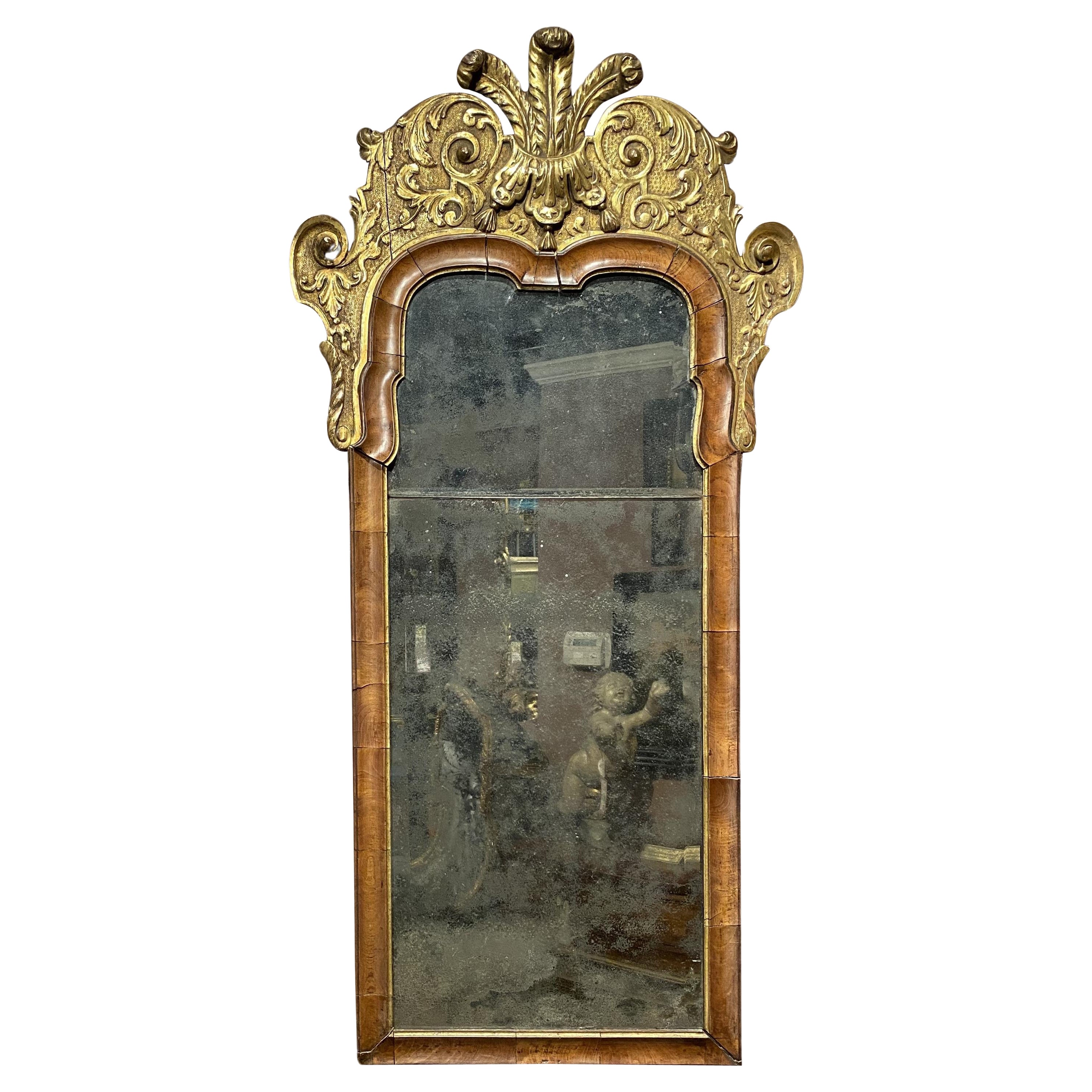 Fine English Queen Anne/George I Carved & Parcel-Gilt Burled Walnut Wall Mirror