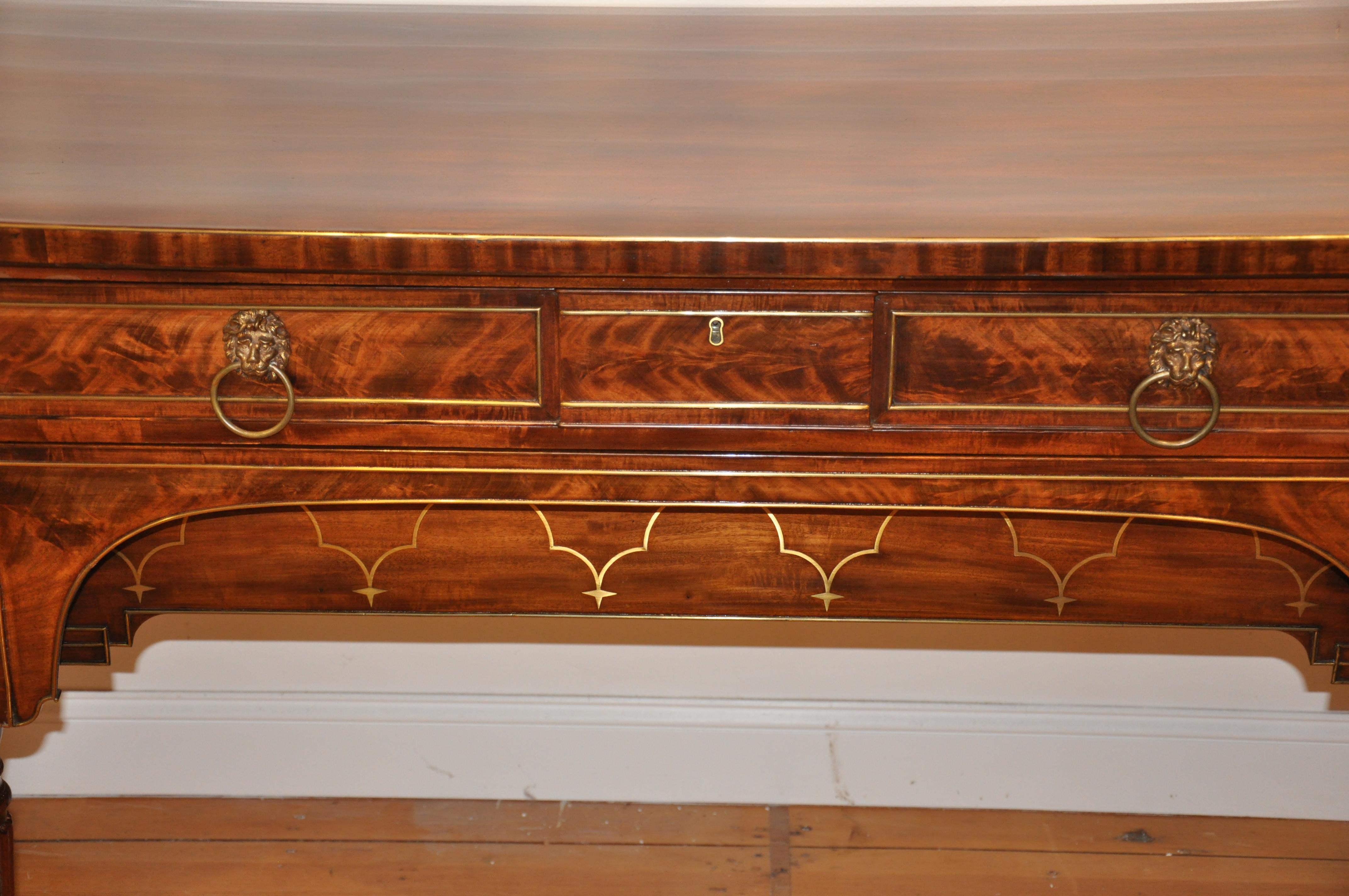 Fine English Regency Brass Banded Mahogany Sideboard with Lion Head Pulls In Good Condition In Essex, MA