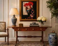 Fine English Regency Burl Walnut Sofa Table with Drop Leaves & Brass Paw Casters