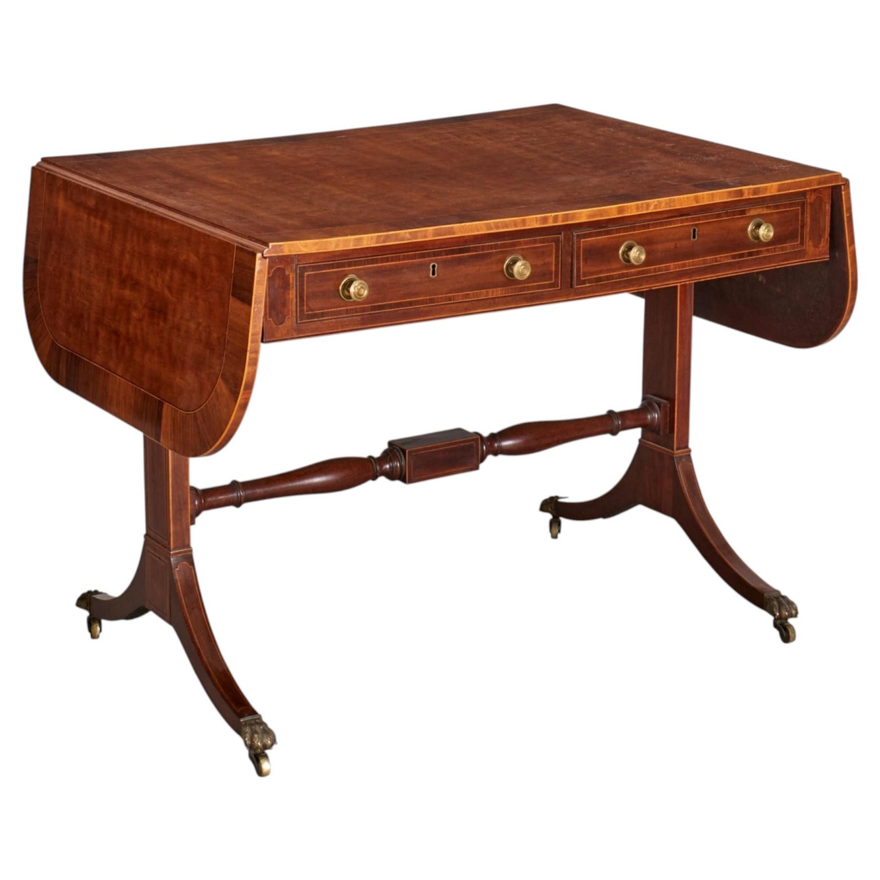 Fine English Regency Burl Walnut Sofa Table with Drop Leaves & Brass Paw Casters For Sale