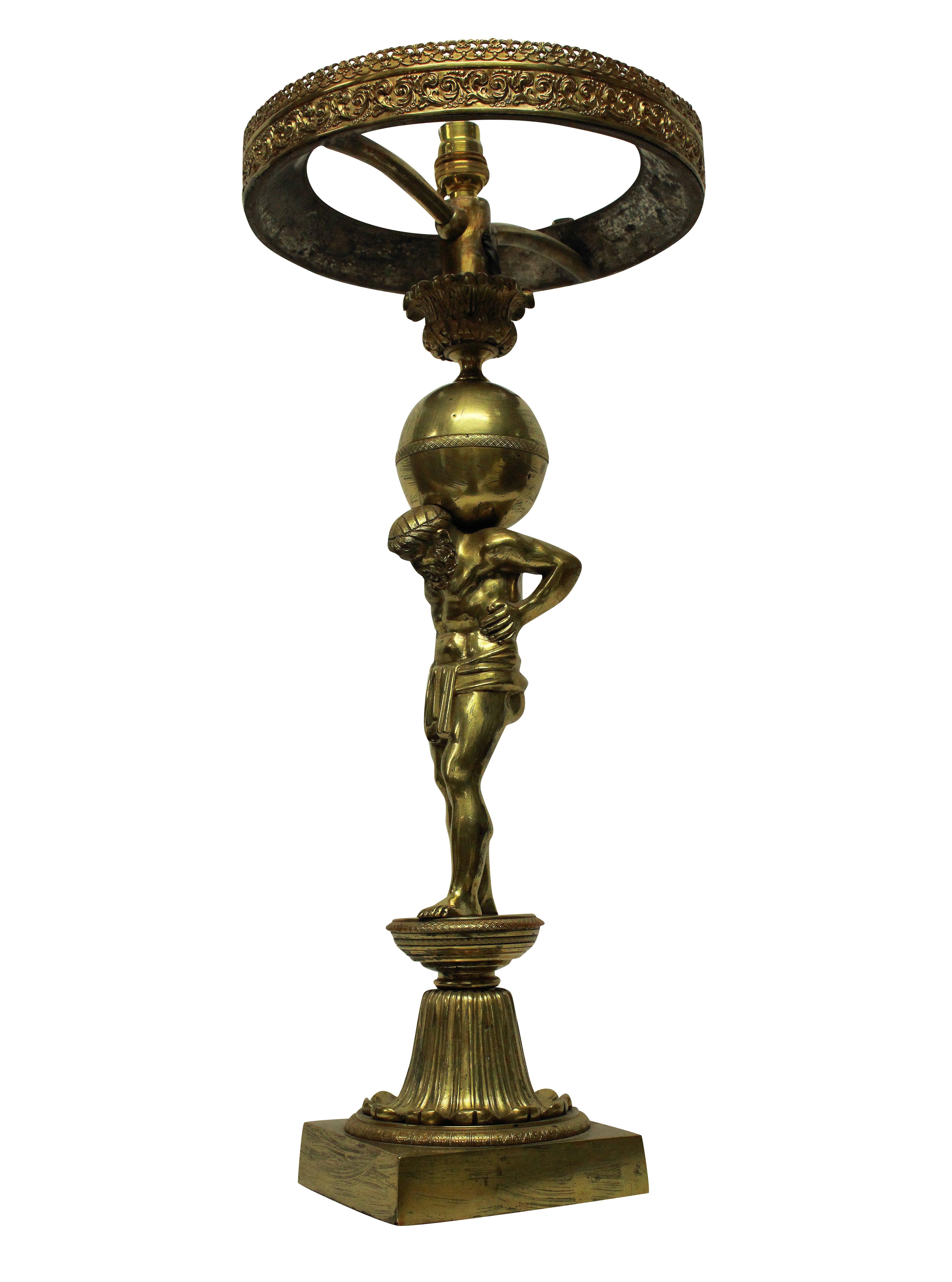 Early 19th Century Fine English Regency Gilt Bronze Lamp Depicting Atlas