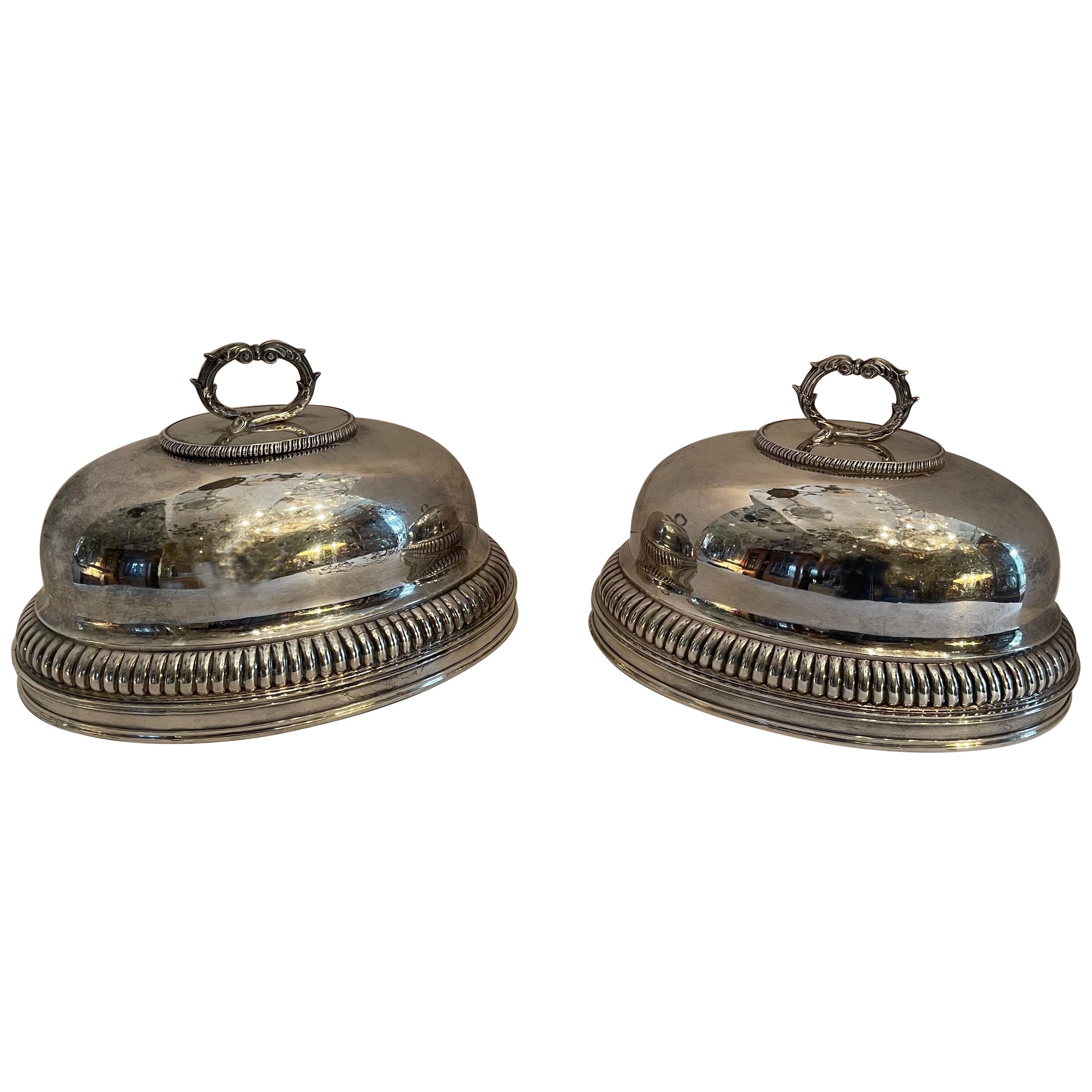 Fine English Silver Plated Pair Meat Food Dome Cover Sheffield Serving Cloche