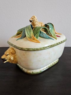 Fine English Staffordshire Majolica Lion Handled Tureen Lidded Dish