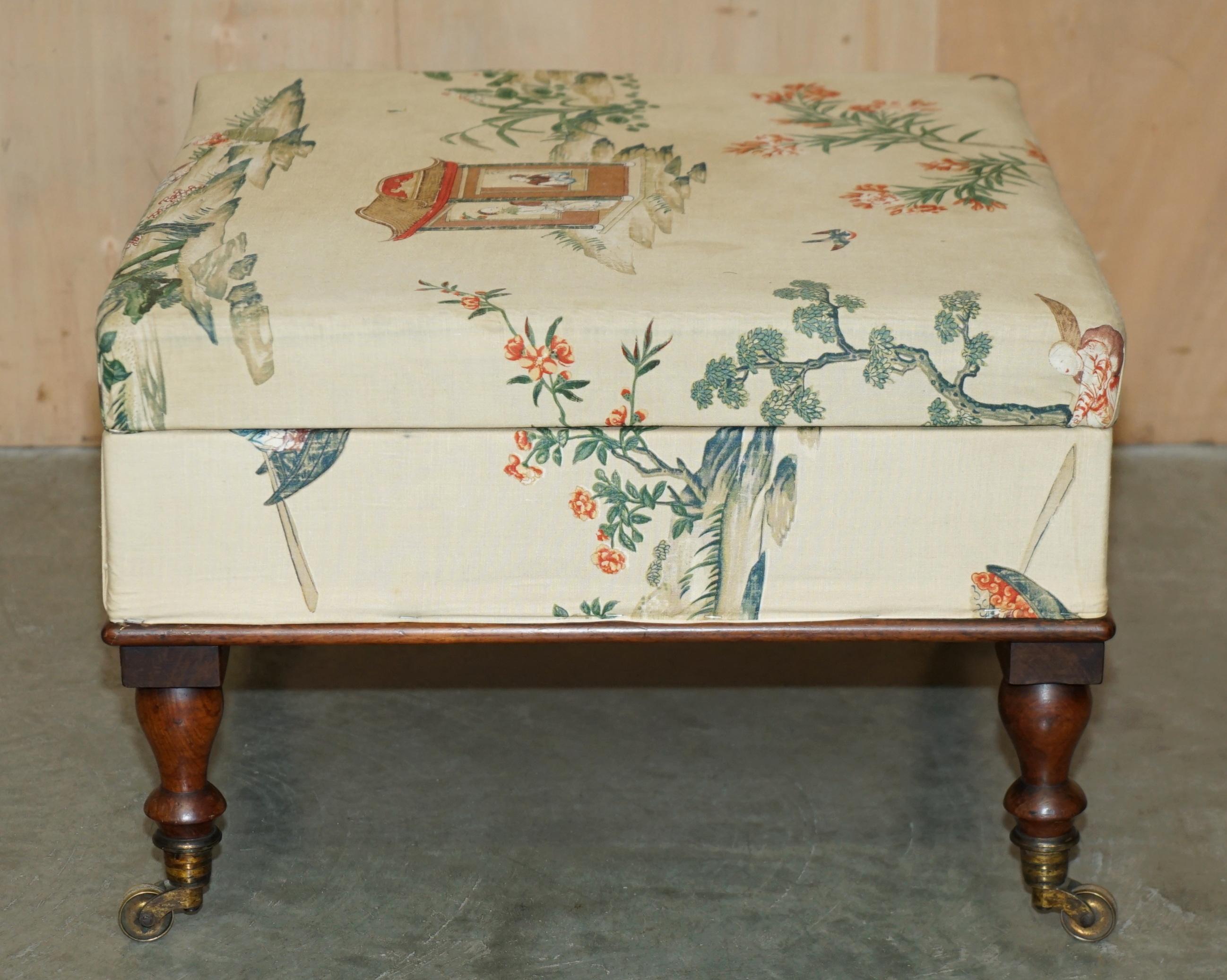 FINA TEJIDA VICTORIANA INGLÉS CiRCA 1860 FOOTSTOOL OTTOMAN CHINOISERIE en venta 11