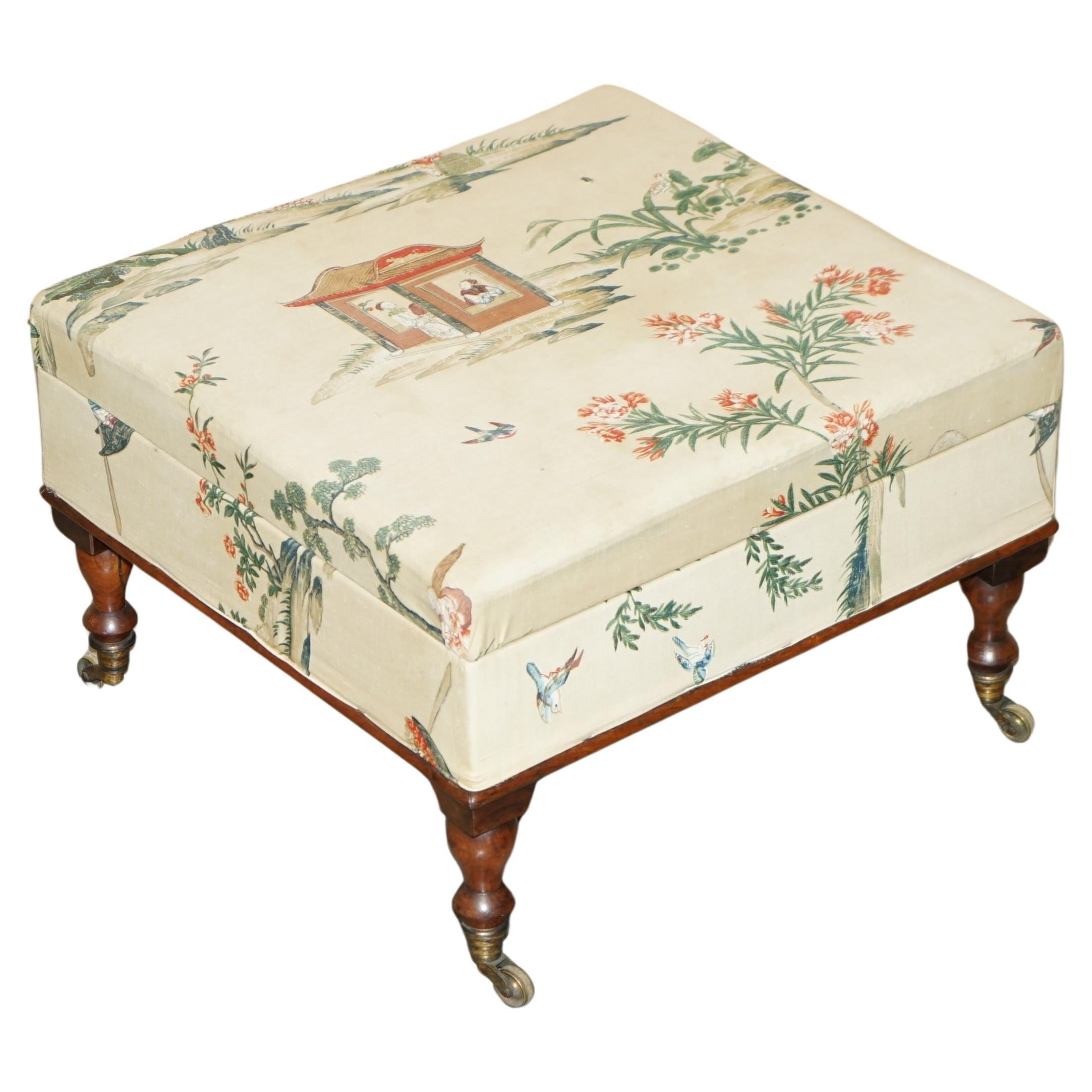 FINA TEJIDA VICTORIANA INGLÉS CiRCA 1860 FOOTSTOOL OTTOMAN CHINOISERIE