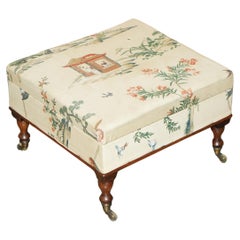 FINE ENGLISH VICTORIAN CiRCA 1860 FOOTSTOOL OTTOMAN CHINESE CHINOISERIE FABRIC