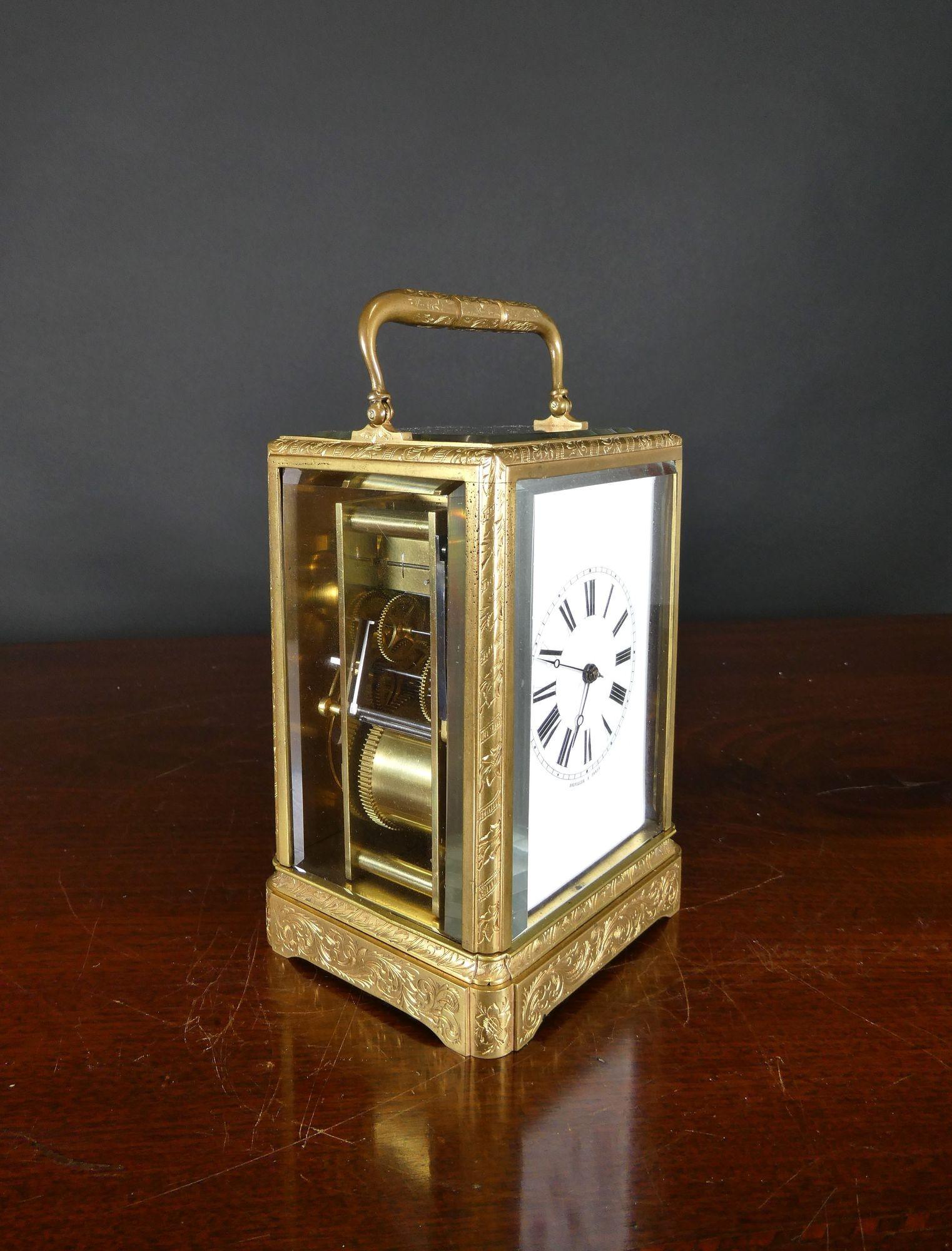 French Fine Engraved Striking Carriage Clock by Bolviller For Sale