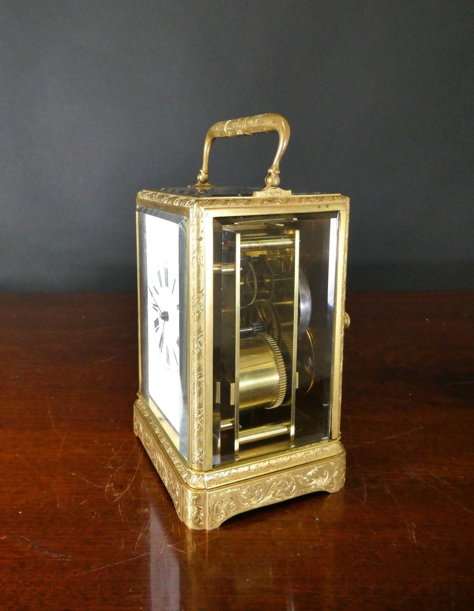 Fine Engraved Striking Carriage Clock by Bolviller In Good Condition For Sale In Norwich, GB