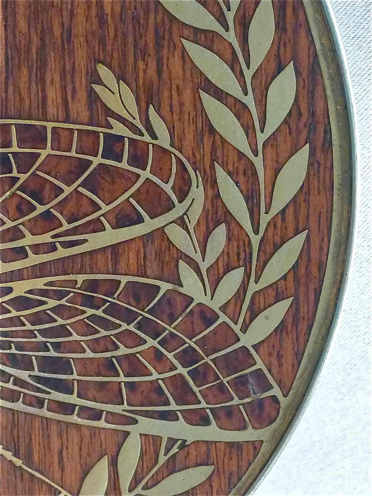 Fine Erhard Sohne Dragonfly Bowl Tray Wood Inlay Brass Art Nouveau Tiffany Style 5