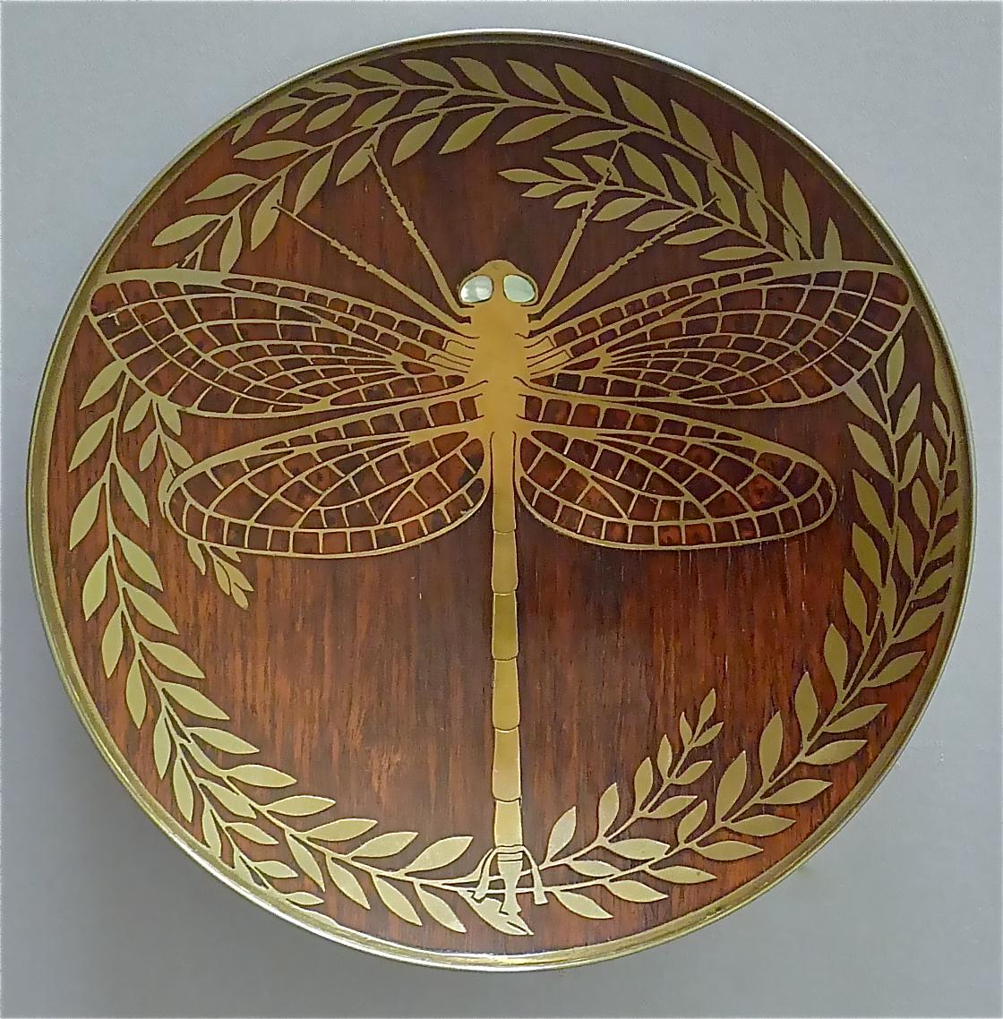 Fine Erhard Sohne Dragonfly Bowl Tray Wood Inlay Brass Art Nouveau Tiffany Style 6
