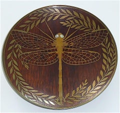 Fine Erhard Sohne Dragonfly Bowl Tray Wood Inlay Brass Art Nouveau Tiffany Style