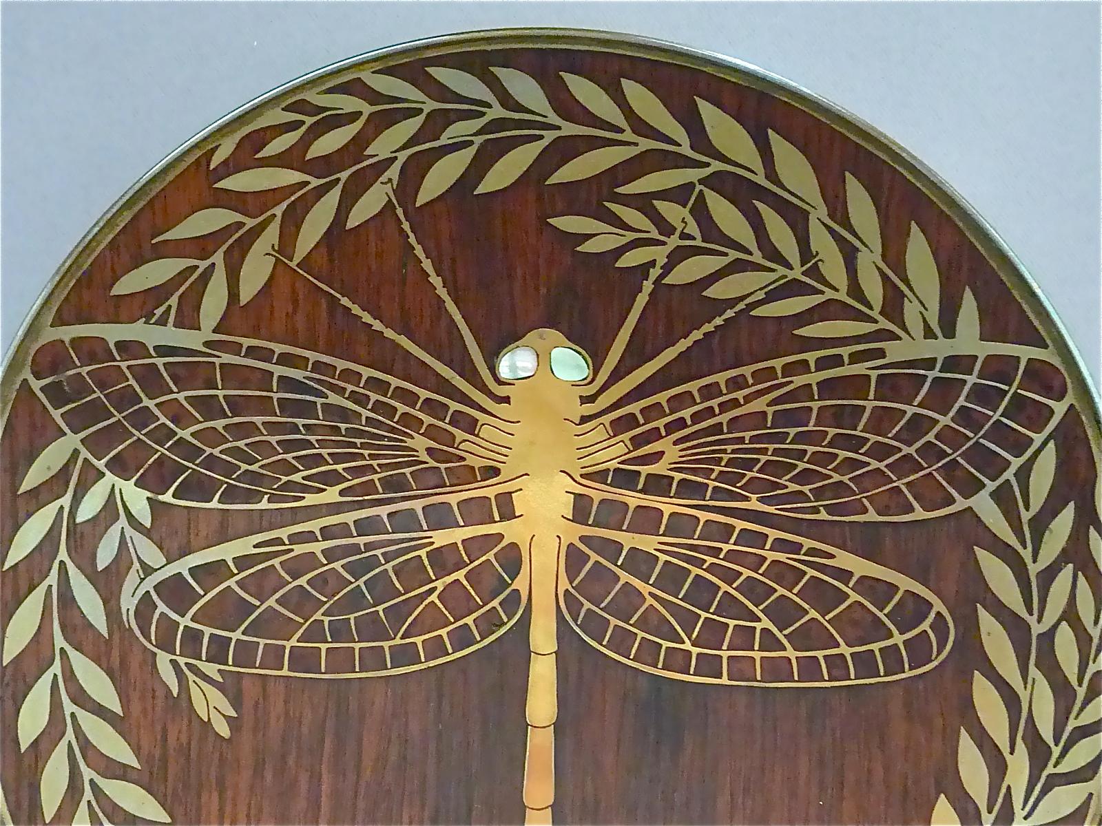Jugendstil Fine Erhard Sohne Dragonfly Bowl Tray Wood Inlay Brass Art Nouveau Tiffany Style