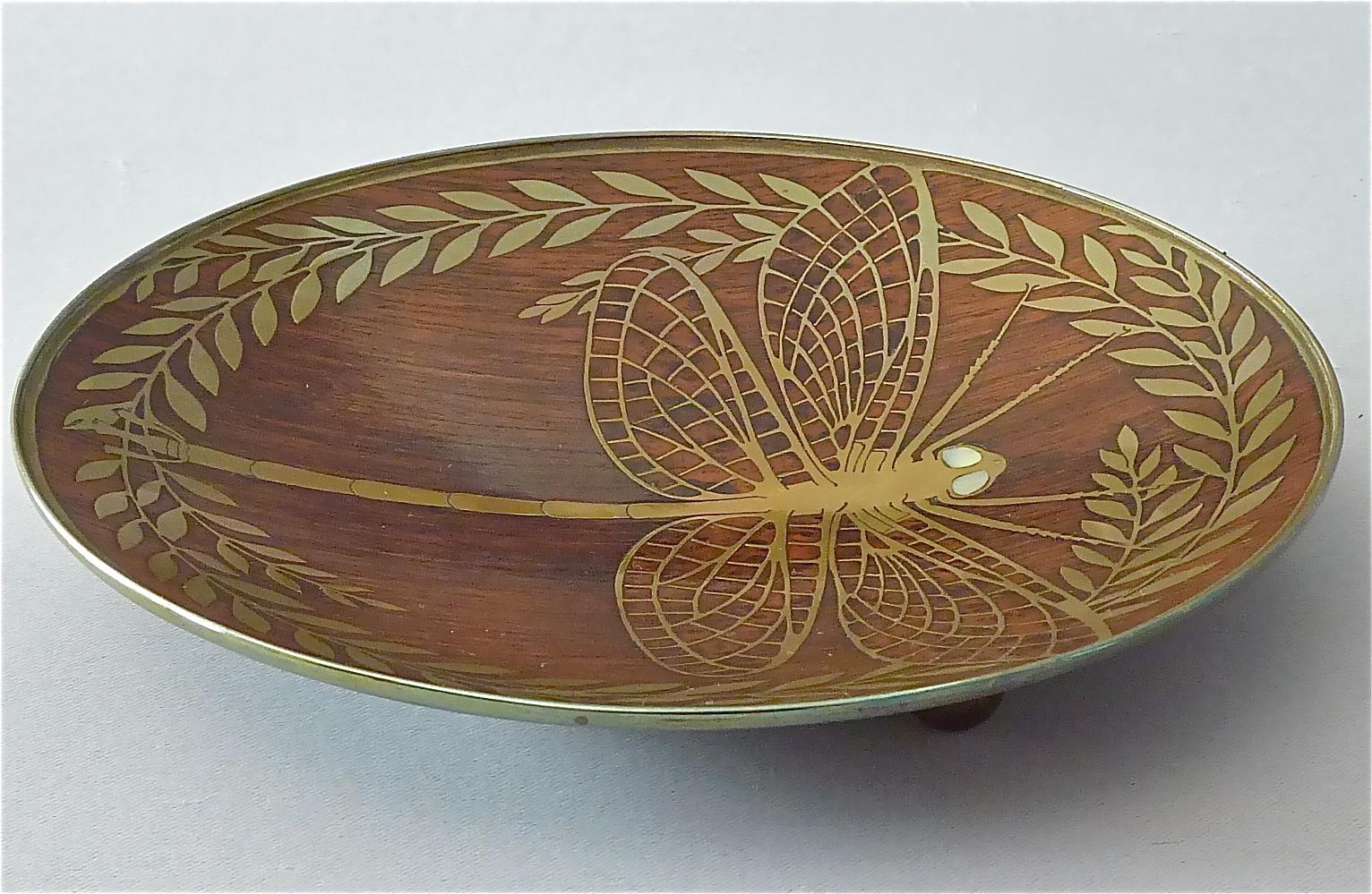Fine Erhard Sohne Dragonfly Bowl Tray Wood Inlay Brass Art Nouveau Tiffany Style 1